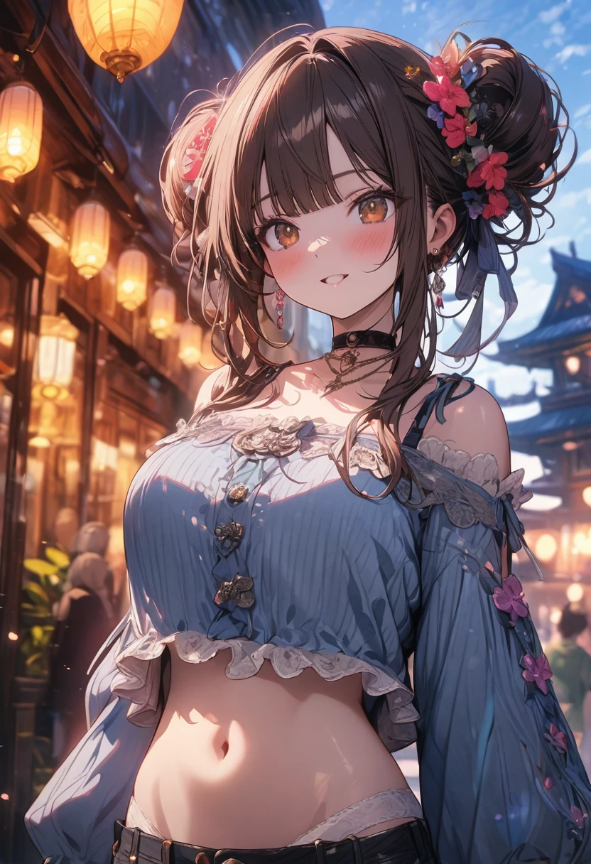 (masterpiece), best quality, very aesthetic, newest, absurdres, detailed, high quality
BREAK
highest quality, top quality, details, highres, ultra fine painting, digital art, official art, cinematic, 4k, 8k resolution, 8K CG wallpaper, CG, original artwork, detailed background, colorful background, blue atmosphere, High Dynamic Range, blurry background, blue hour, Starburst effects, crepuscular rays, good ISO, high resolution, wide shot, from far away, RAW photo, POV, sharp focus, light reflection, reflections, intricate details, soft light, particle noise, professional photography, bokeh, depth of field, natural lighting, vibrant colors, looking away, detailed lights and shadows, stylish, ultra-detailed, top rated on Pixiv, trending on Artstation, niji style, modern-days, master crafted, pose
BREAK
solo, (close up), 1girl, pale skin, correct fingers, detailed hand, (big breasts:1.2), big thighs, small torso, short body, flushtered, blush, anxious expression, embarassed, embarassed act, casual, slim, ((cute, childlike face):1.3), nice body, nice hips, brown hair, (very long flowing hair), (big 2 buns hairstyle)), long bangs, long hair, middle hair bangs, brown eyes
BREAK
(white frilly loose-fitting crop shirt, long sleeve, panties, pantsless, choker, casualwear style, detailed tummy, belly button, modern fashion) 
BREAK
tranquil park scene, the park features lush, green grass, a variety of trees in different shapes and sizes, Include a vibrant flower garden with a mix of colorful blooms.