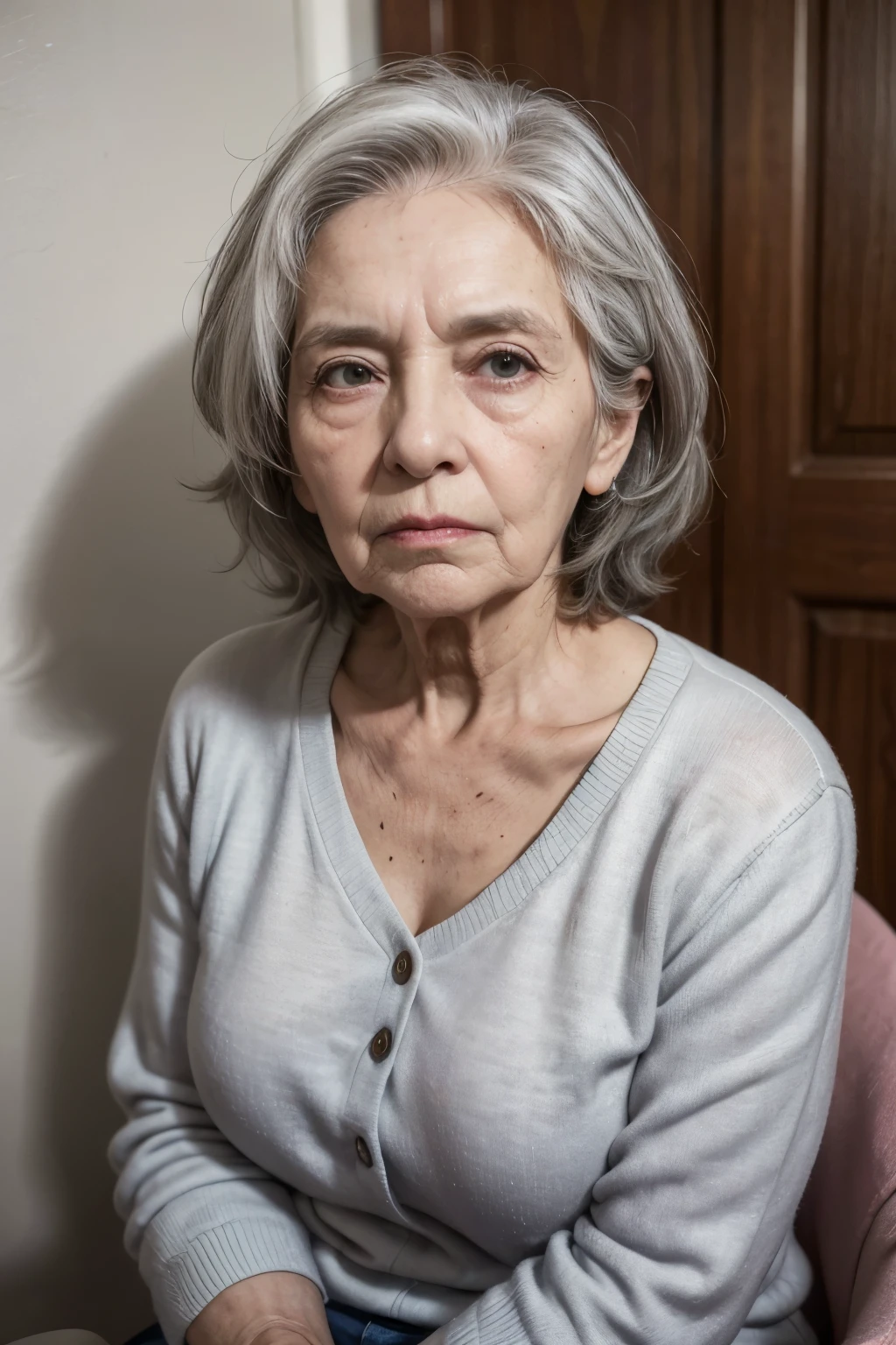 A realistic photograph of Mrs. Maria Silva,  72 years old, hair grey, tired appearance, but delicate and loving. She has had high blood pressure for 15 years, controlled with medication, Type 2 diabetes mellitus diagnosed 10 years ago, undergoing treatment with metformin. Have a family history of cardiovascular disease (father and brother died of a heart attack).