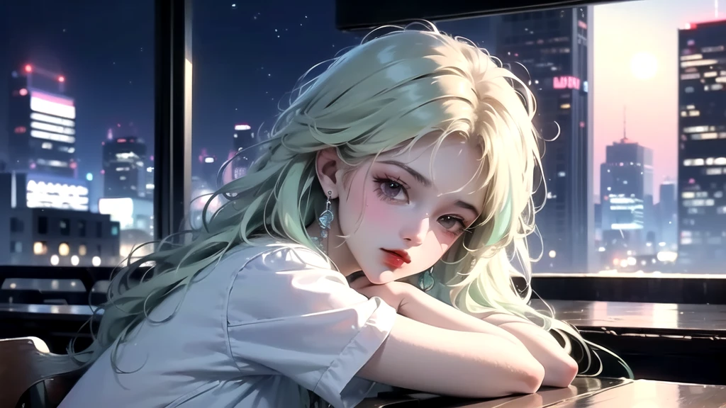 (80's, Retro, City Pop:1.5),  (masterpiece, Highest quality, Exquisite detail), (anime, figure), (pastel colour:1.3), An angle that captures the whole body, girl, alone, cool, Delicate face, The stylish, dimly lit interior of the bar，City of night,  Holding a cigarette，Gazing into the distance
