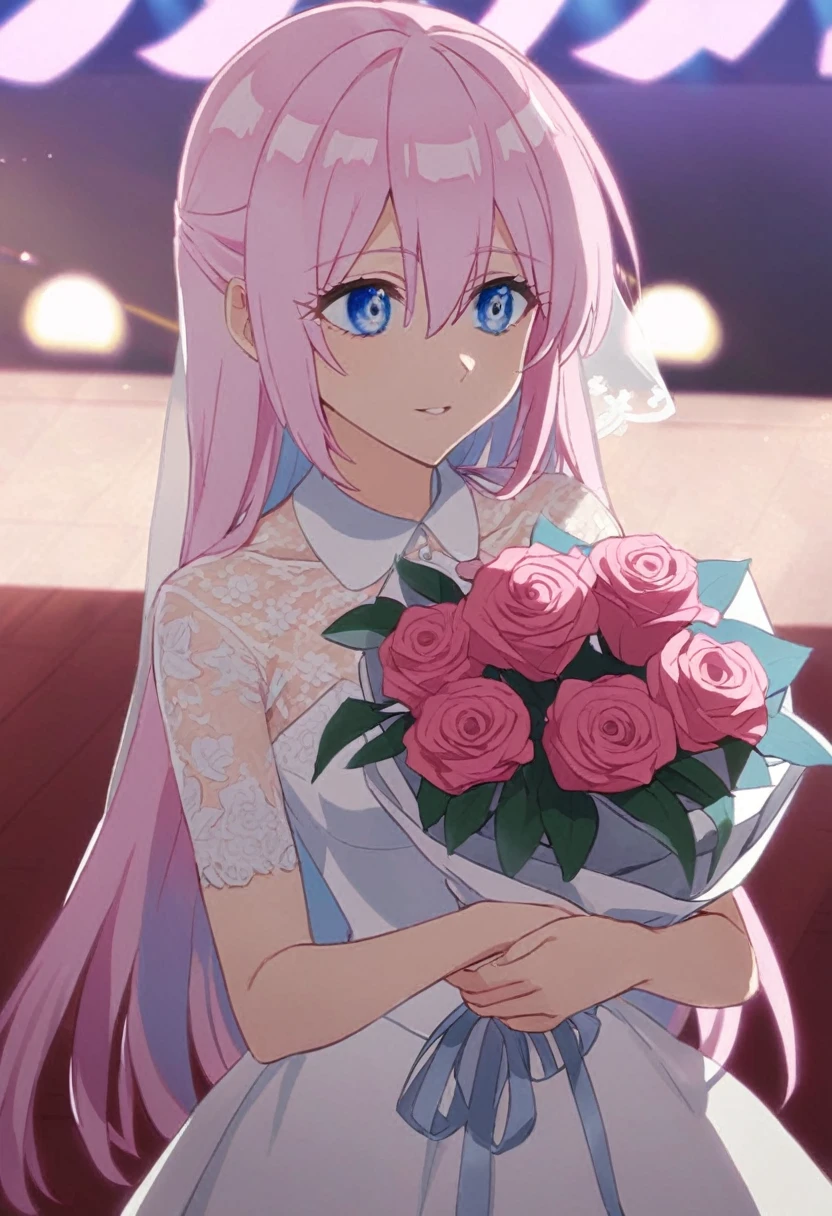 bride, shikimorisan, pink hair, long hair, blue eyes, hair between eyes, bangs, holding a bouquet,