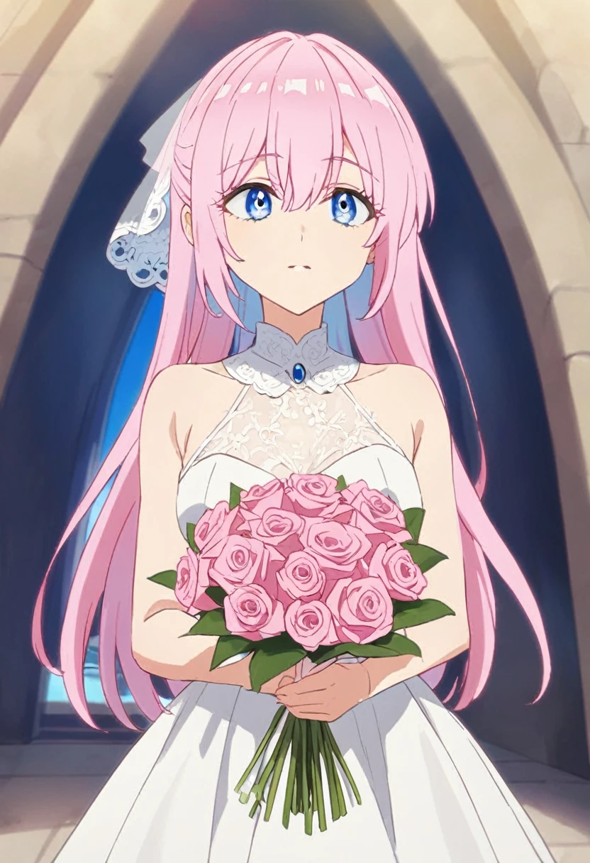 bride, shikimorisan, pink hair, long hair, blue eyes, hair between eyes, bangs, holding a bouquet,