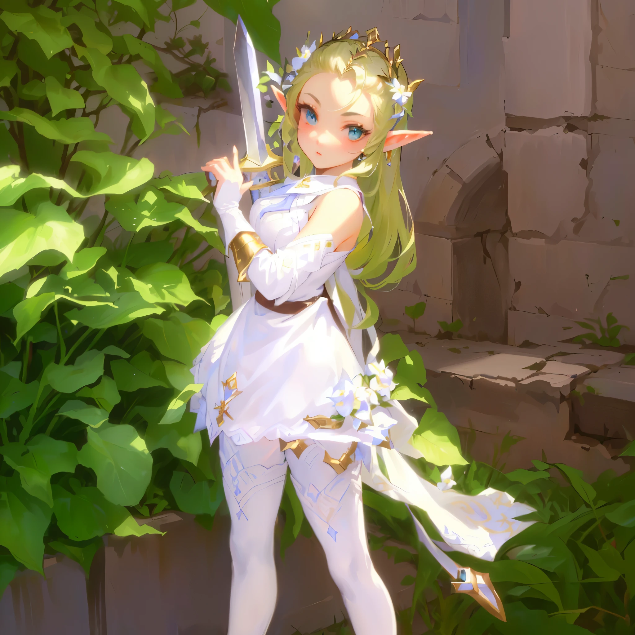 hair slicked back, masterpiece:1.2, best quality, there is a woman in a white dress holding a sword, elf princess, alluring elf princess knight, elf princess knight, elf girl, (((mad))) elf princess, ragnarok online, elf girl wearing an flower suit, lalafell, she has elf ears and gold eyes, elven princess, an elf queen, glossy white armor, pixie character