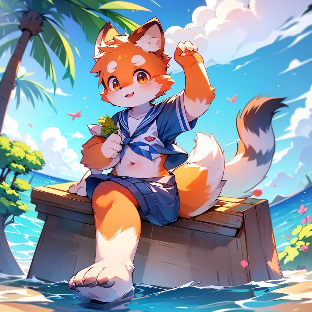 4K quality,High resolution, Female Red Panda, Ocean,
Appeared wearing a sailor uniform! Sitting,fly in the sky, Cute face!