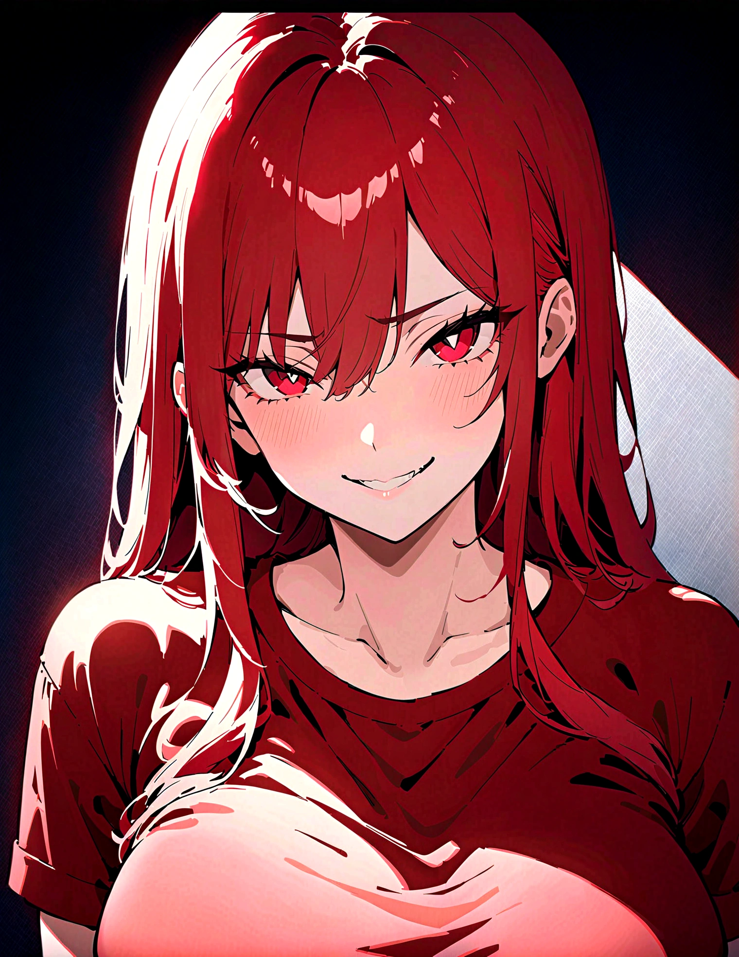 (Masterpiece:1.2, Best Quality), 1 woman, whole body, T-shirt, Casual, big breasts,long red hair, minimal makeup,pale,Natural fabrics, closeup face, evil smile, bright red eyes circular pupils,4k high resolution,UHD, detailed lines