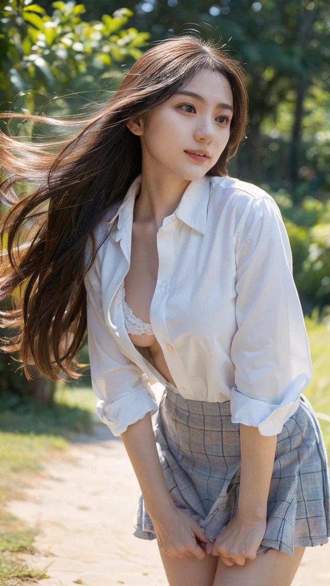 ((Extremely precise and accurate anatomy)), (((Low angle shooting、Looking into the camera:1.22,Leaning forward、Open shirt、No underwear)))、(((8K、Highest quality、masterpiece、Ultra-high resolution)))、(Realistic:1.4)、RAW Photos、(Real skin texture:1.3)、(Film Grain:1.3)、((Are standing、Skirt flutters in strong winds、Under the skirt、Do not bend your legs、don't bend your knees、Spread your thighs、Beachside、))、One Girl、Beautiful and detailed eyes and face、masterpiece、Highest quality、close、thin、Japanese Uniform、dynamic、barefoot、Various poses、