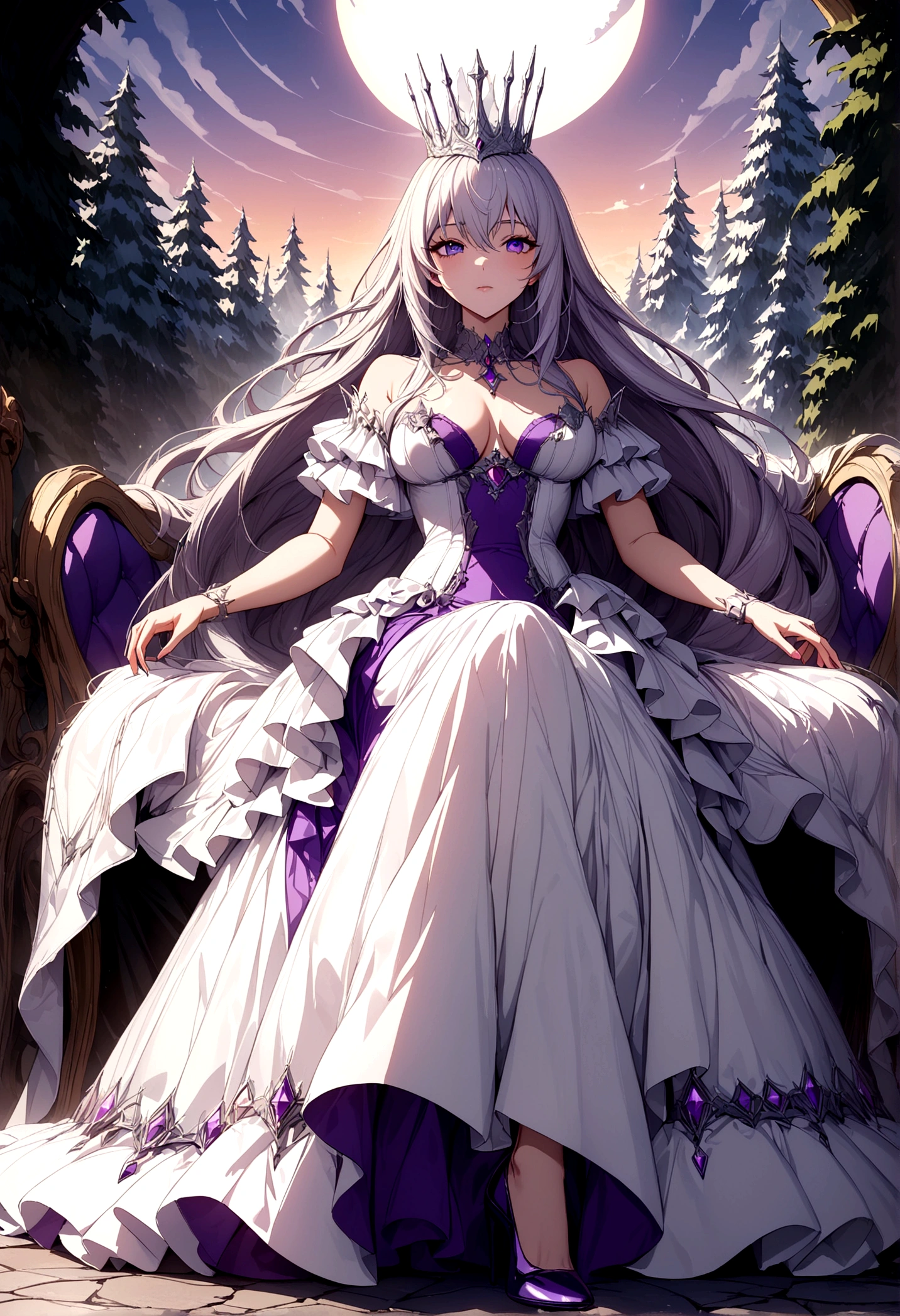 (composição perfeita, high detailed, high detailed face, 8k resolution, fabulous fancy purple long queen dress, detailed cloth) long dress, mature woman, adult, beautiful face, white long hair, closed dress, extensious dress, heels, sitted in a ice fabulous curvly throne, snow forest mountain background, dark fantasy style, digital illustration, goddess aura, beauty aspects, gentile expressions, detailed face, very detailed, imponent prescence, light holofot, high quality shadows, sunrise light