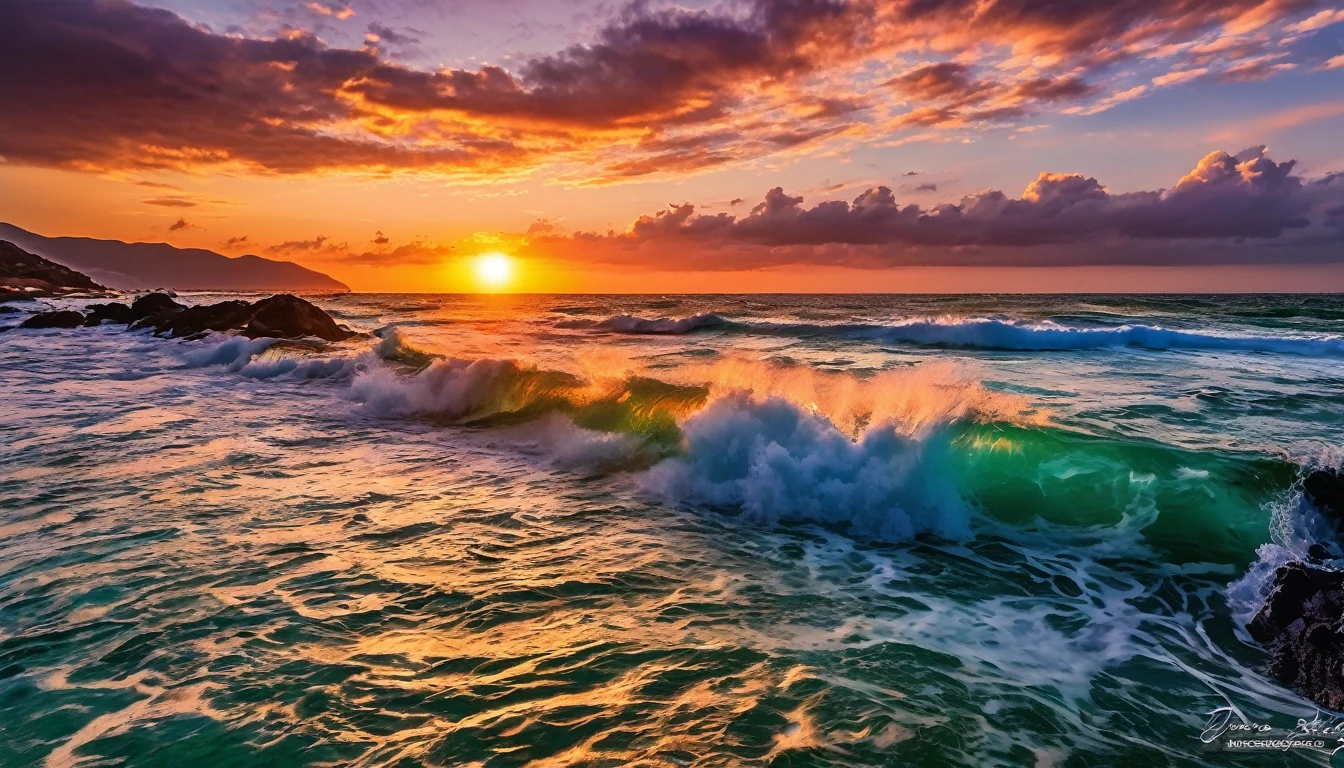 arafa view of a sunset over the ocean with waves crashing, chaotic sea scenery, vibrant sunrise, breathtaking colors, breathtaking look, vibrant sunset, breathtaking composition, beautiful seascapes, stunning sunset, Magnificent background, sunset glow, beautiful background, beautiful dreamy breathtaking, Marcos Adams, beautiful and hot scene, Epic sunset, Beautiful sunset, beautiful sunset glow, beautiful ocean