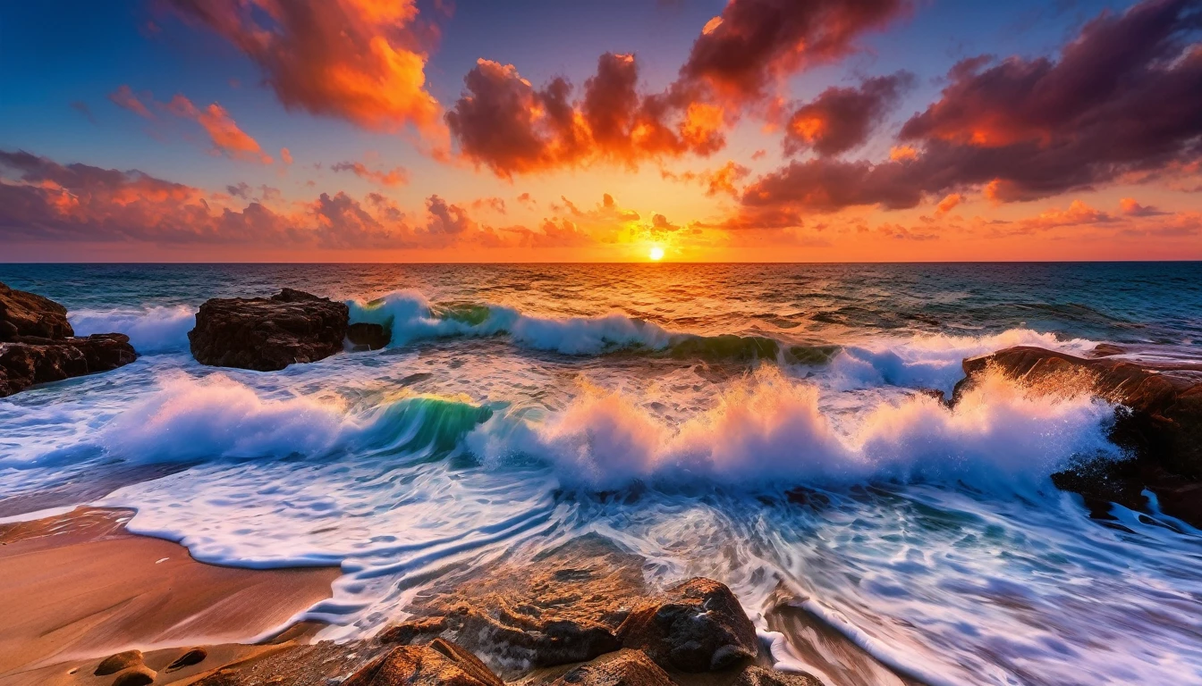 arafa view of a sunset over the ocean with waves crashing, chaotic sea scenery, vibrant sunrise, breathtaking colors, breathtaking look, vibrant sunset, breathtaking composition, beautiful seascapes, stunning sunset, Magnificent background, sunset glow, beautiful background, beautiful dreamy breathtaking, Marcos Adams, beautiful and hot scene, Epic sunset, Beautiful sunset, beautiful sunset glow, beautiful ocean