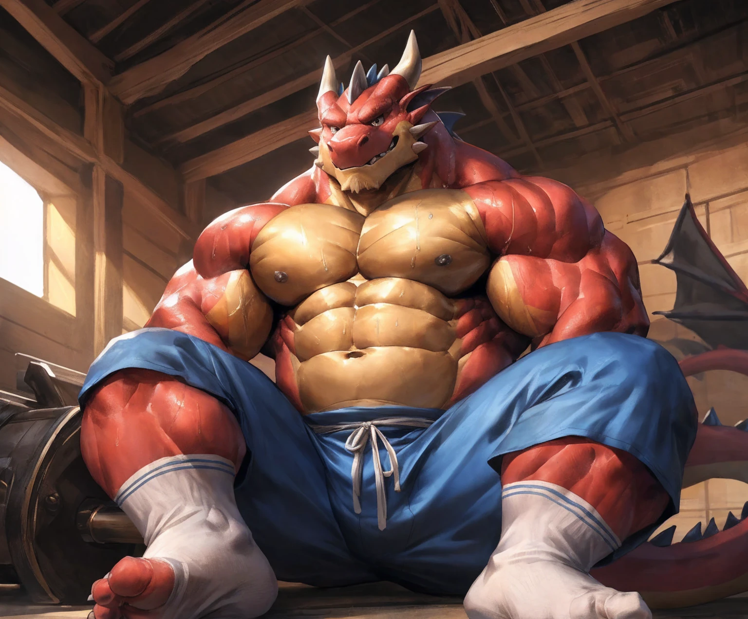 human nature, cannon, male, solitary, ((the strong，Handsome)), (dragon), Chibo，Six-pack abs，(indoor)，Feet facing the audience，Dirty white socks，Blue shorts，Sweat:1.3，high quality, (4K,high quality, high resolution, masterpiece), cartoon,by lindong