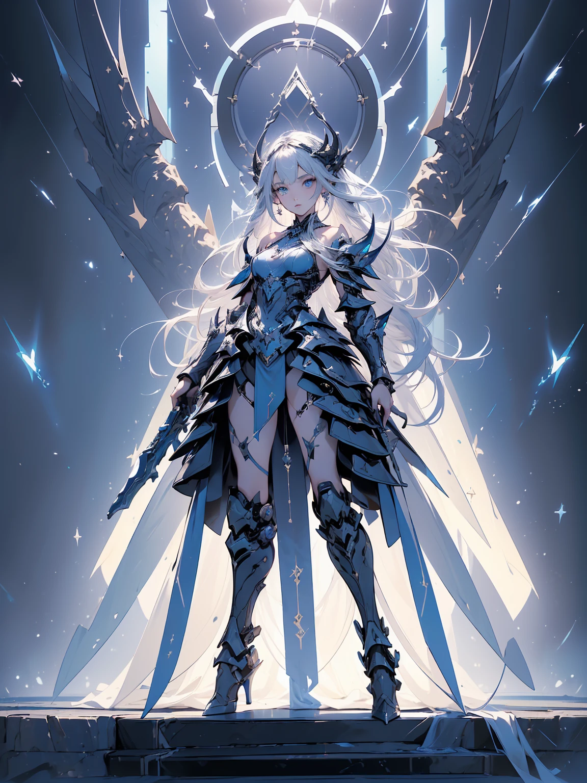 (((masterpiece, best quality, high detailed, 8k))) Design a layout showcase Gaming character, (1girl). Silver|Blue clothes, stylish and unique. ((showcase weapon:1.4)), lightning rod. (masterpiece:1.2), (best quality), 4k, ultra-detailed. (Step by step design, layout art:1.5), (luminous lighting, atmospheric lighting). storm mage, ((glove full hands)), (((revealing clothes:1.3))), vambraces, armored legwear, (((full_body_shot:1.4))). {During a thunderstorm}.