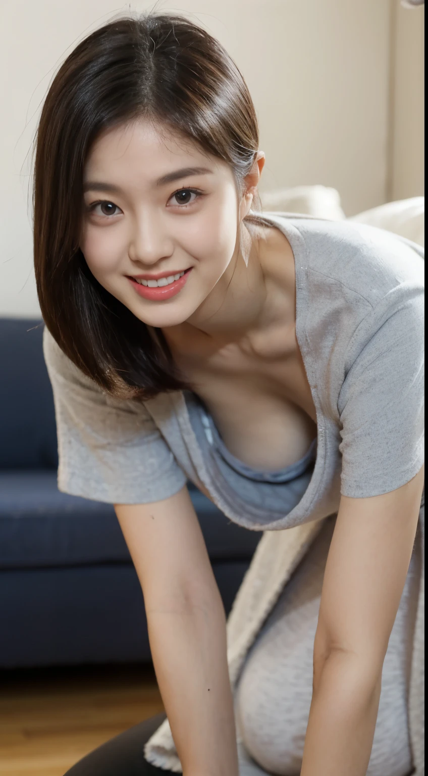 (8k、Ultra-high resolution、Highest quality、masterpiece、Realistic、Ultra-high resolution、High-quality RAW color photos),(Professional photos、Realistic、photo realistic),1 female,(Cute smile,Toothy smile,Big eyes,Long Hair:1.1),(Big Breasts,Very noticeable nipples,(Grey sleeveless turtleneck,Bodycon dress,Tight fit),Hotel Bed,Lying on a white bed,Quite face focus,arms up,Put your hands behind your head:1.4))