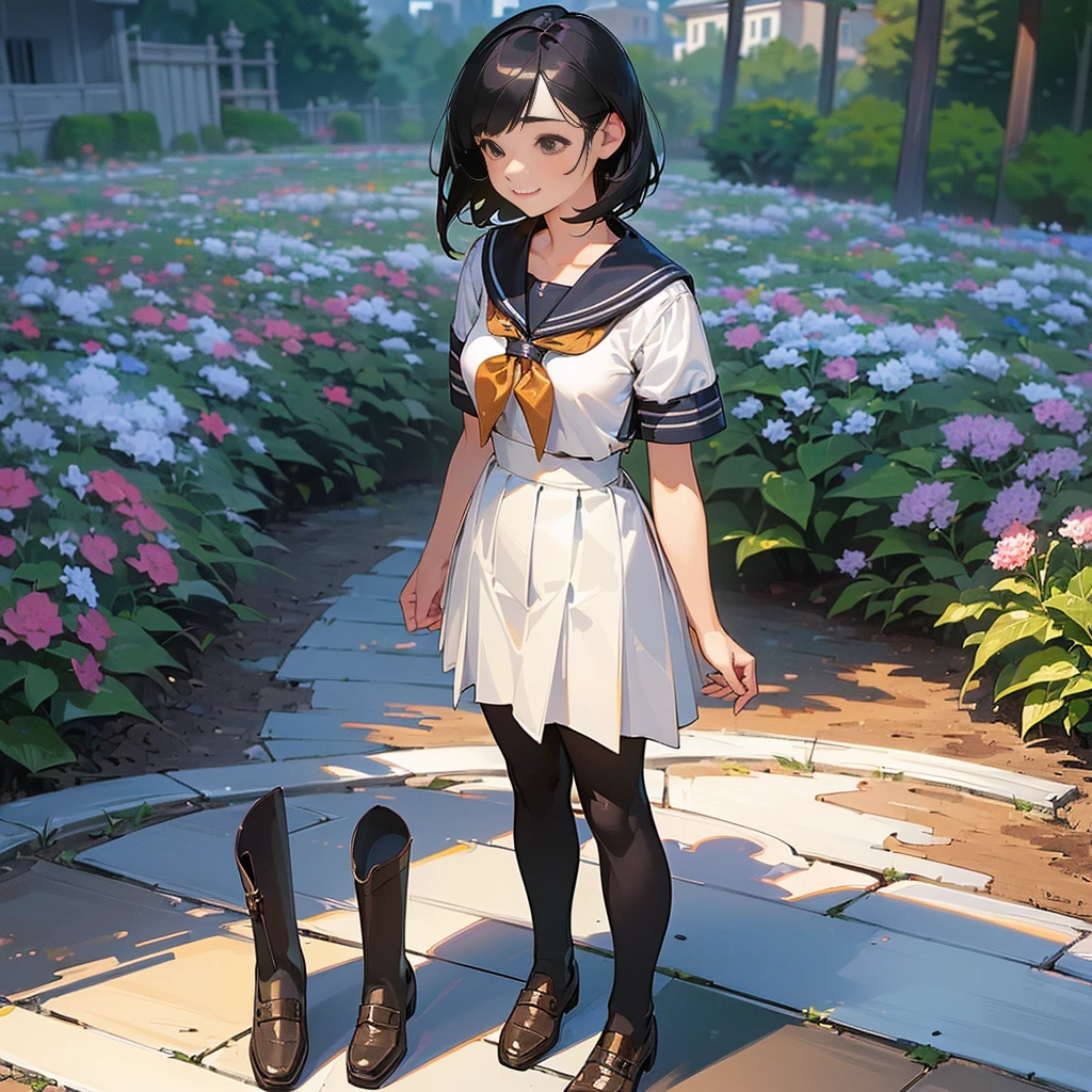 (Highest quality, High resolution, Super detailed, Realistic:1.37), Peaceful atmosphere, (Outdoor, garden), age girl standing alone,(my breasts are big.),Beautifully detailed features, Cute Smile, ((Black bob hair)),Short-sleeved sailor uniform, Pleated skirt,Black tights,Brown leather shoes.