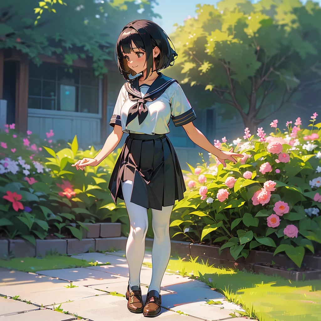 (Highest quality, High resolution, Super detailed, Realistic:1.37), Peaceful atmosphere, (Outdoor, garden), Teenage girl standing alone,(my breasts are big.),Beautifully detailed features, Cute Smile, ((Black bob hair)),Short-sleeved sailor uniform, Pleated skirt,Black tights,Brown leather shoes.