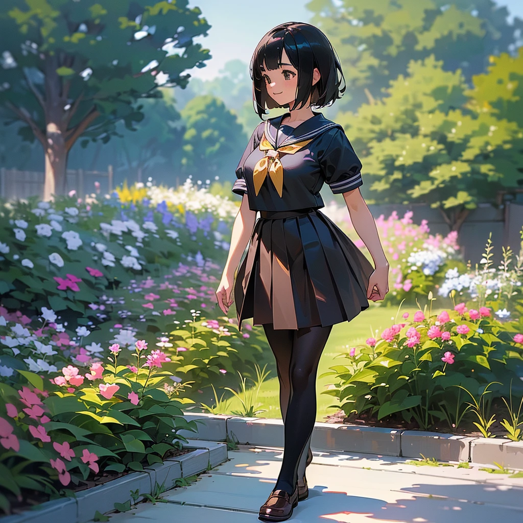 (Highest quality, High resolution, Super detailed, Realistic:1.37), Peaceful atmosphere, (Outdoor, garden), age girl standing alone,(my breasts are big.),Beautifully detailed features, Cute Smile, ((Black bob hair)),Short-sleeved sailor uniform, Pleated skirt,Black tights,Brown leather shoes.