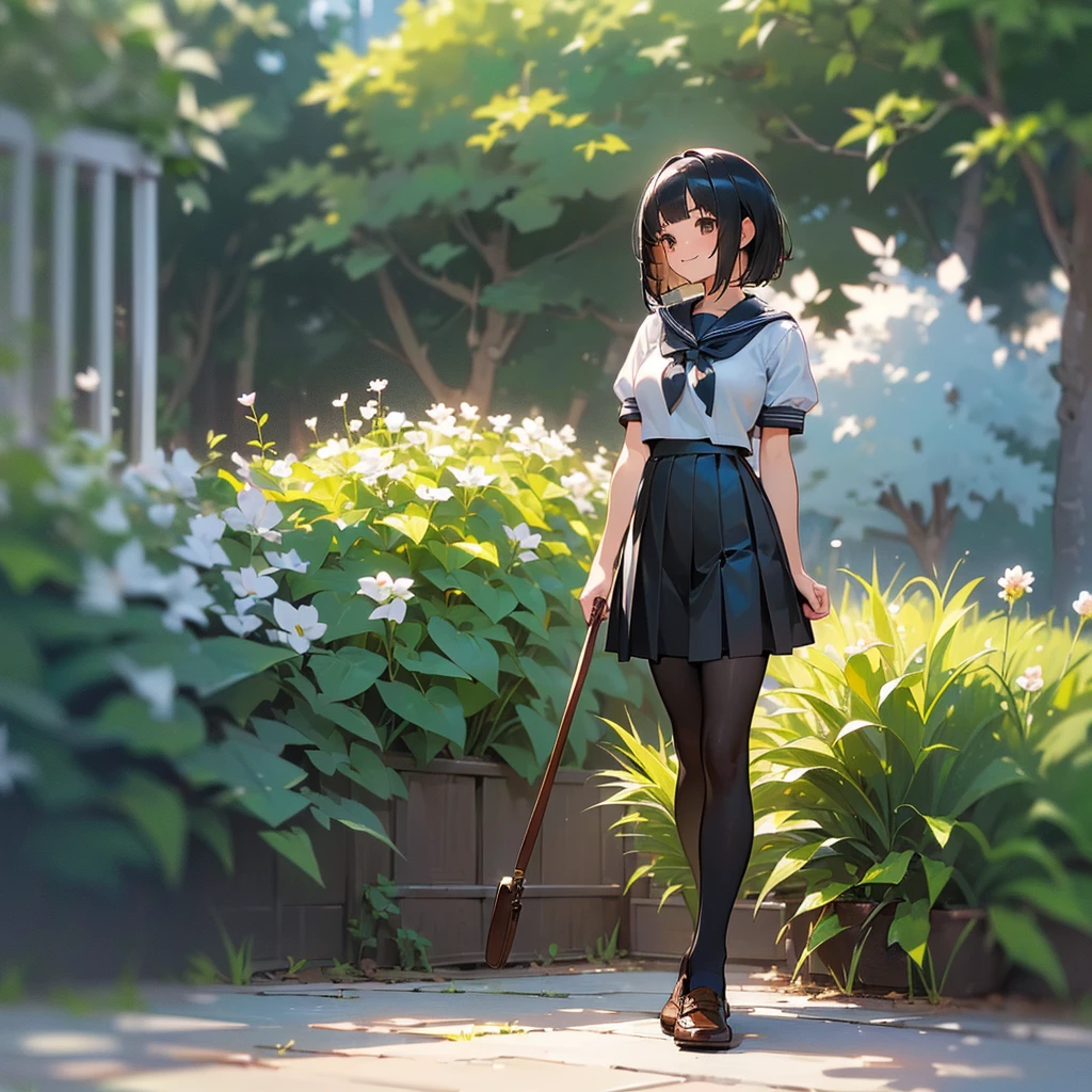 (Highest quality, High resolution, Super detailed, Realistic:1.37), Peaceful atmosphere, (Outdoor, garden), Teenage girl standing alone,(my breasts are big.),Beautifully detailed features, Cute Smile, ((Black bob hair)),Short-sleeved sailor uniform, Pleated skirt,Black tights,Brown leather shoes.