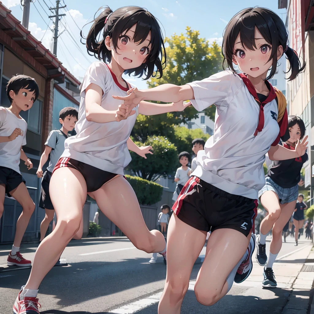 Chinese nudist girl running、Lots of close elementary school boys pushing each other with their eyes wide open、surround each other'wide eyes、Laughter and joy、longshot、Group Selfies、from side