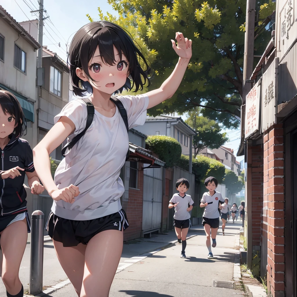 Chinese nudist girl running、Lots of close elementary school boys pushing each other with their eyes wide open、surround each other'wide eyes、Laughter and joy、longshot、Group Selfies、from side