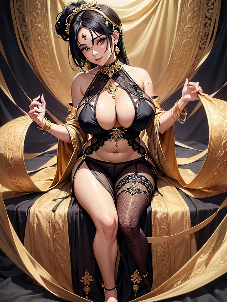 Stunning Beauty Voluptuous Javanese Wife, kind smile, very huge chest, wearing black baby doll see-through transparent short lingerie, simple accessories of gold and jewelry, black short hair, brown skin, photo studio with photoshoot props and white fabric backdrop in background, beautiful eyes, beautiful lips, beautiful neck, beautiful chest, beautiful navel, beautiful big waist, beautiful thighs, beautiful legs. HD Image, Wide Angle, Full Body, Top to Toe, Very Detailed Face, Very Detailed Anatomy, Very Detailed Accessories, Very Detailed Background, Highest Quality, A Masterpiece.