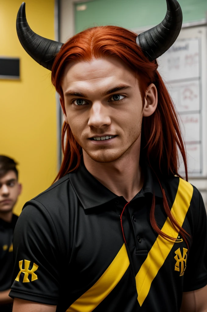 He has red hair with black horns on his head., sharp face and intense yellow eyes, affiliated fangs and wears the UA uniform is in a quiet class in classroom 1-A