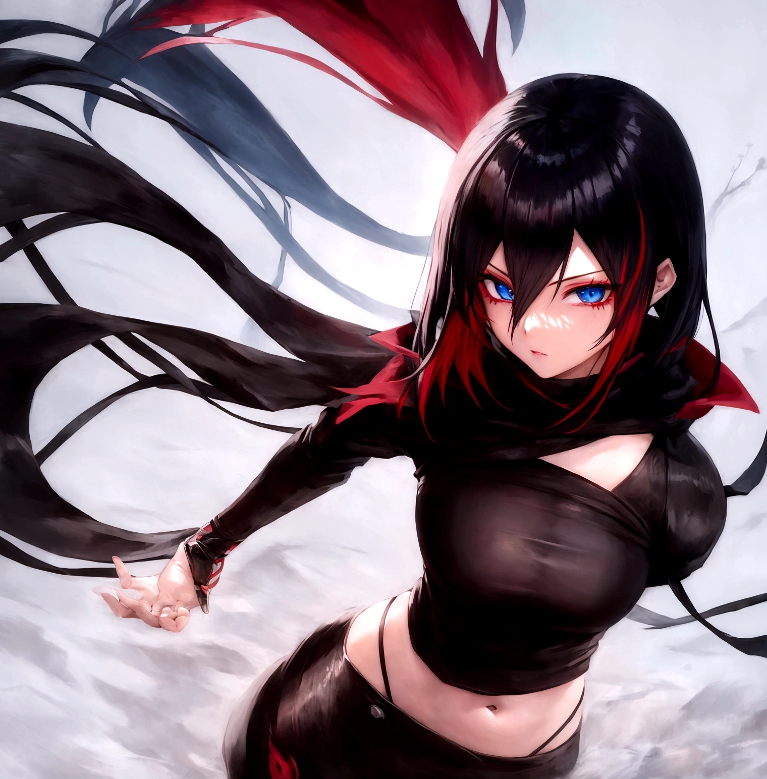 Create a female character for the anime bleach. With black hair and long red highlights, your blue eyes.