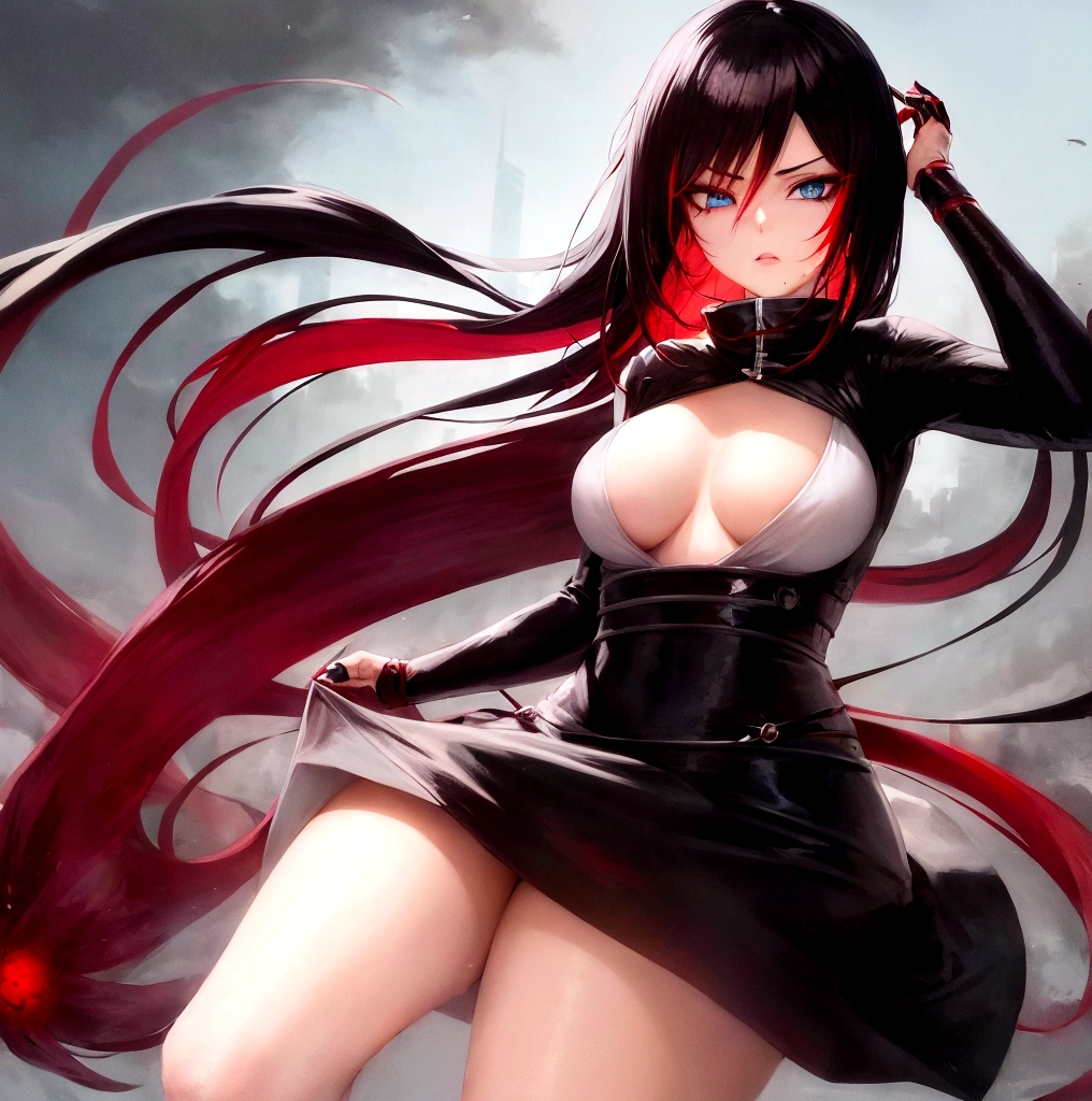 Create a female character for the anime bleach. With black hair and long red highlights, your blue eyes.