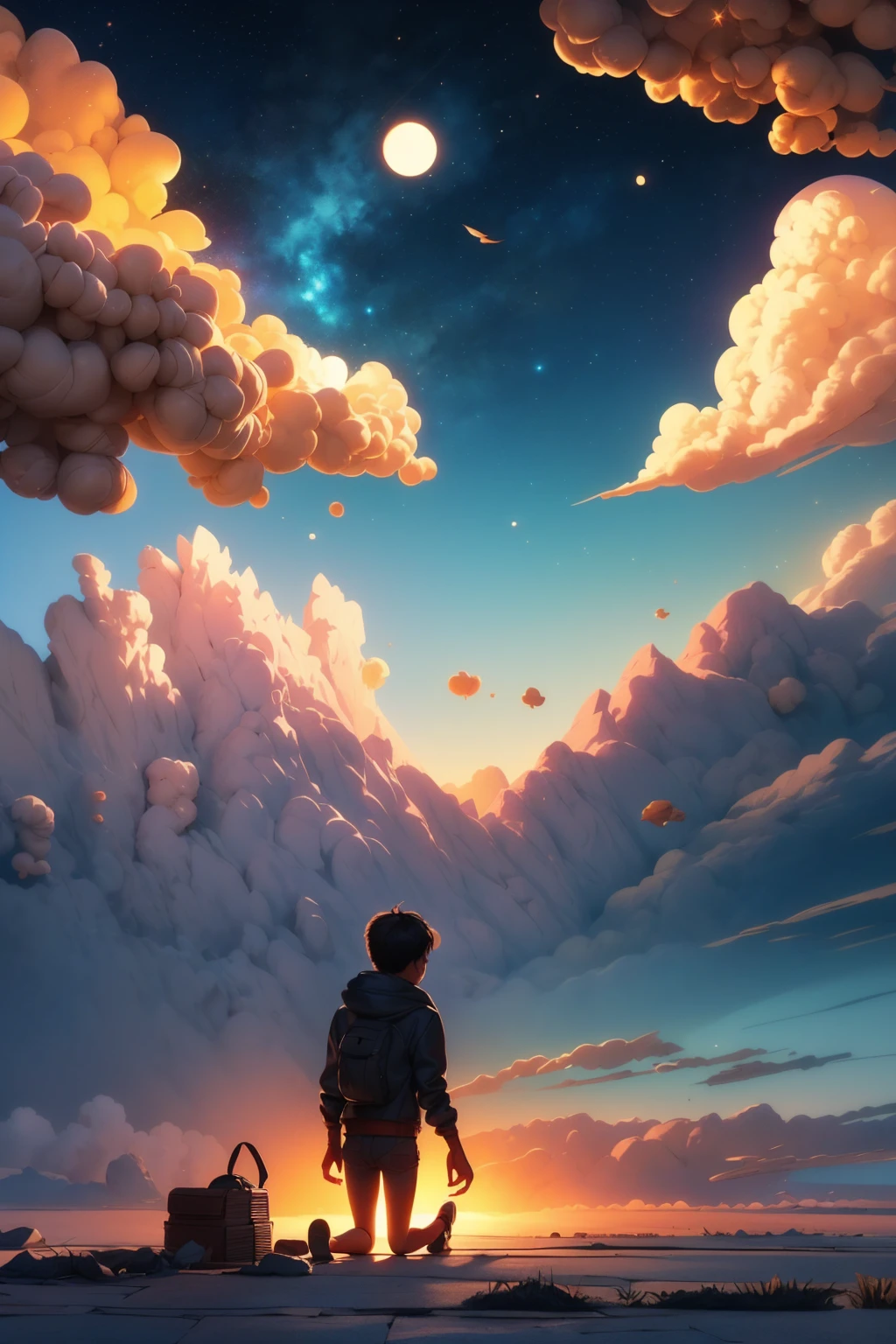 The setting is an outdoor landscape during twilight, with a clear sky transitioning from deep blue at the top to a warm, golden hue near the horizon. A slender crescent moon is visible in the upper left portion of the sky, adding to the serene ambiance. In the foreground, a person is depicted in a silhouette, kneeling in a posture of deep contemplation or prayer. The person is positioned towards the right side of the frame, facing left. They are wearing a simple, dark outfit, with their head bowed and hands clasped together near their face. The silhouette is detailed, with the gentle contours of the person’s form clearly visible against the sky. The background includes distant, softly undulating hills or mountains, which are also silhouetted against the gradually darkening sky. The horizon line is crisp, with the colors blending smoothly from the bright golden tones to the deep blue of the night sky. The overall atmosphere is calm and reflective, capturing the peacefulness of a quiet moment at dusk. The video should start with a wide shot of the entire scene, slowly zooming in to focus on the person’s silhouette. The camera movement should be smooth and gradual, maintaining the tranquil mood throughout the video. Subtle ambient sounds of a gentle breeze and distant nature should accompany the visual, enhancing the sense of solitude and meditation.