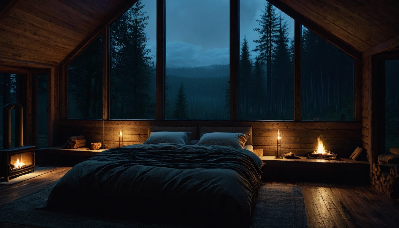 dimly lit bedroom with fireplace and wood burning bed, large windows to the forest at night, beautiful and cinematic lighting, cozy place, cryengine render 8 k, cabin in the forest, minimalist pyramid room shape, pyramid glass, very forest background dark, lots of column windows, dark, pillows and blankets, large windows, minimalist windows, lots of boxes, minimalist windows facing the forest, quiet night. the picture is original, rainy night. original rendering, stunning, rainy night, gloomy, dark gloomy cinematic lighting, atmosphere, landscape, vast forest, moody, dramatic lighting. cinematic, cinematic, atmospheric shots, gloomy weather. hyperrealistic, atmospheric rendering, rainy night, huge gloomy forest, cinematic,