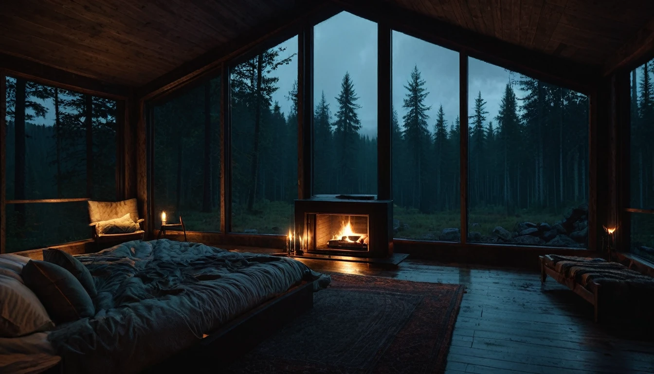 dimly lit bedroom with fireplace and wood burning bed, large windows to the forest at night, beautiful and cinematic lighting, cozy place, cryengine render 8 k, cabin in the forest, minimalist pyramid room shape, pyramid glass, very forest background dark, lots of column windows, dark, pillows and blankets, large windows, minimalist windows, lots of boxes, minimalist windows facing the forest, quiet night. the picture is original, rainy night. original rendering, stunning, rainy night, gloomy, dark gloomy cinematic lighting, atmosphere, landscape, vast forest, moody, dramatic lighting. cinematic, cinematic, atmospheric shots, gloomy weather. hyperrealistic, atmospheric rendering, rainy night, huge gloomy forest, cinematic,