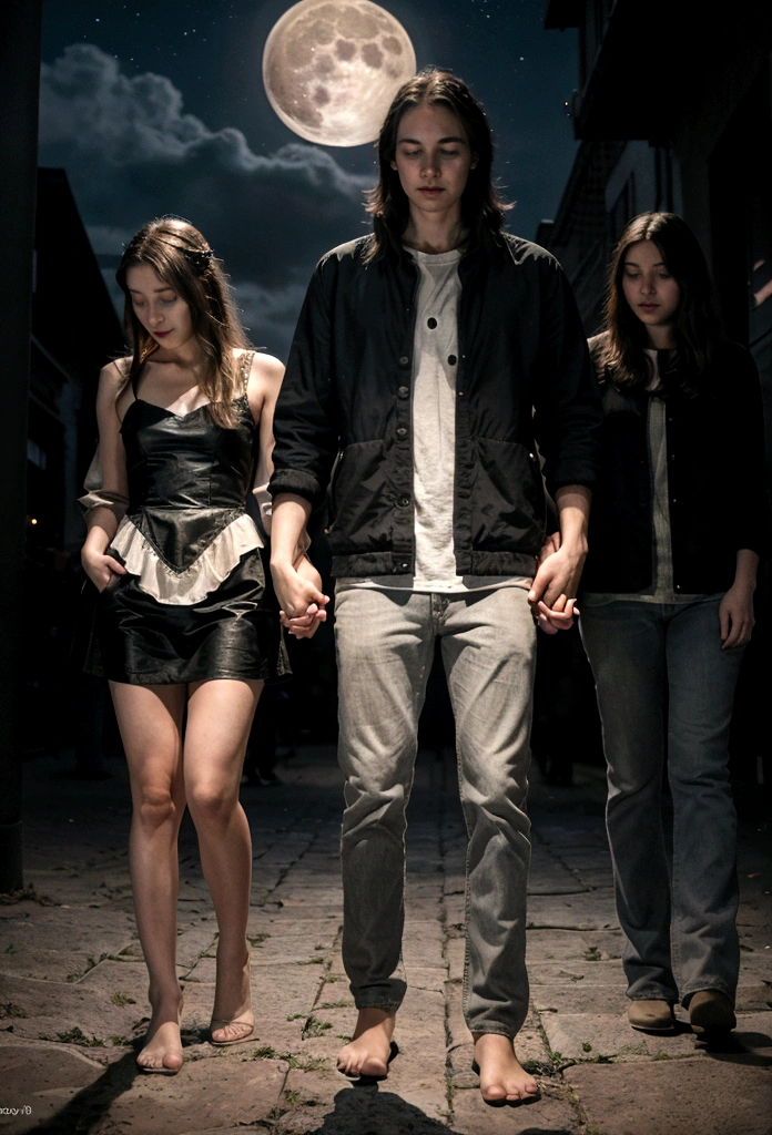 A realistic photo of the full moon and a couple, it's night, the couple is holding hands, the boy is tall and the girl is short. There are a lot of stars