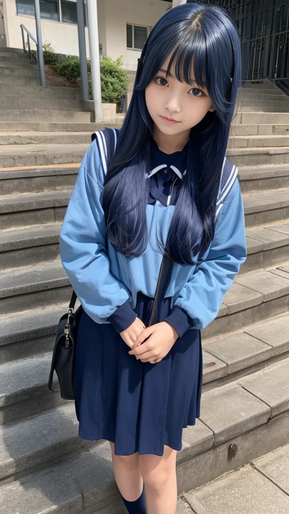(girl standing on school steps),1 girl, Dark blue hair, Bangs, Long hair, Bright Eyes, Long eyelashes, compensate, A faint smile, Written border depth, one person'point oF view, closure, From below, Wide Angle, F/1.8, 135 mm, Canon, nffsw, Retina, On the table, precise, Anatomically correct, Rough skin, Very detailed, Advanced Details, high quality, 最high quality, high resolution, 1080P, 4K, 8K,(学校の階段を上るgirl),46ポイントの斜めBangs,schoolgirl、((uniform: White suit jacket with badge on chest))、Translucent White Shirt、(Red bow tie)、(( Bright colors,Check stripes)()、laughter,((Skirt fluttering in the wind)),((White lace is exposed))、