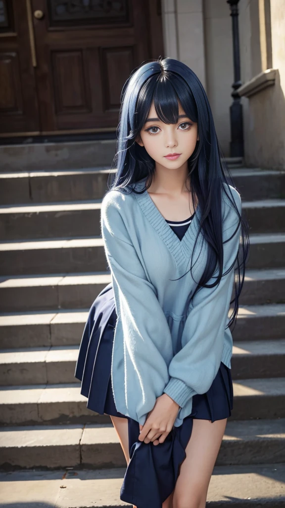(girl standing on school steps),1 girl, Dark blue hair, Bangs, Long hair, Bright Eyes, Long eyelashes, compensate, A faint smile, Written border depth, one person'point oF view, closure, From below, Wide Angle, F/1.8, 135 mm, Canon, nffsw, Retina, On the table, precise, Anatomically correct, Rough skin, Very detailed, Advanced Details, high quality, 最high quality, high resolution, 1080P, 4K, 8K,(学校の階段を上るschoolgirl),46ポイントの斜めBangs,schoolgirl、((uniform: White suit jacket with badge on chest))、Translucent White Shirt、(Red bow tie)、(( Bright colors,Check stripes)()、laughter,((Skirt fluttering in the wind)),((White lace is exposed))、