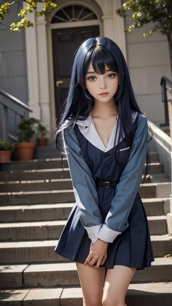 (girl standing on school steps),1 girl, Dark blue hair, Bangs, Long hair, Bright Eyes, Long eyelashes, compensate, A faint smile, Written border depth, one person'point oF view, closure, From below, Wide Angle, F/1.8, 135 mm, Canon, nffsw, Retina, On the table, precise, Anatomically correct, Rough skin, Very detailed, Advanced Details, high quality, 最high quality, high resolution, 1080P, 4K, 8K,(学校の階段を上るschoolgirl),46ポイントの斜めBangs,schoolgirl、((uniform: White suit jacket with badge on chest))、Translucent White Shirt、(Red bow tie)、(( Bright colors,Check stripes)()、laughter,((Skirt fluttering in the wind)),((White lace is exposed))、