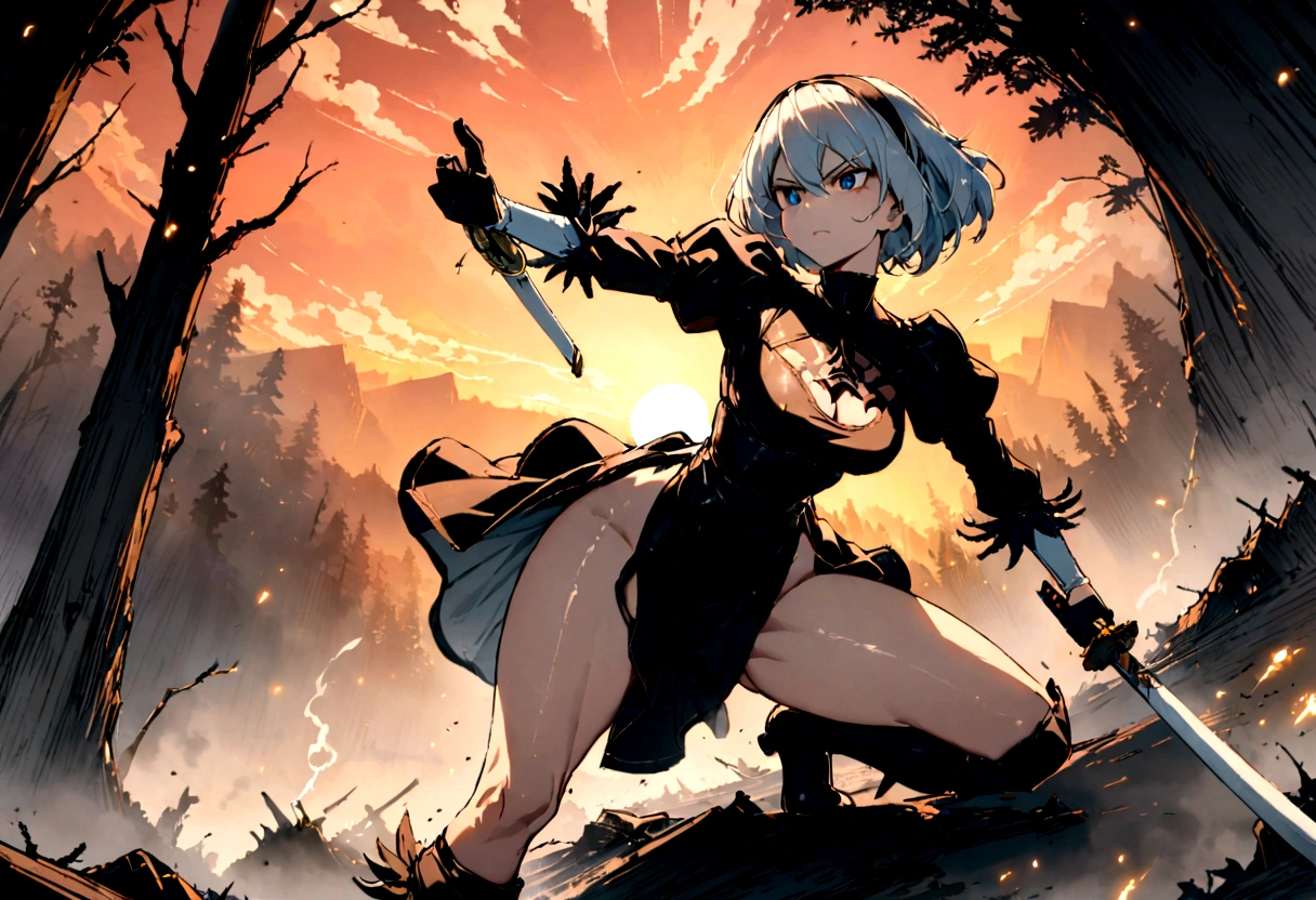 2b,(work of art), ultra detaild, fully body, soft hair, black gown, neckleace, Action, battle pose, standing with legs open, katana, wall-paper, destroyed forest background, SUNSET, smoke in the sky, sparks, serious facial expression, ideal female body, adult, using 2b sales, opaque color palette