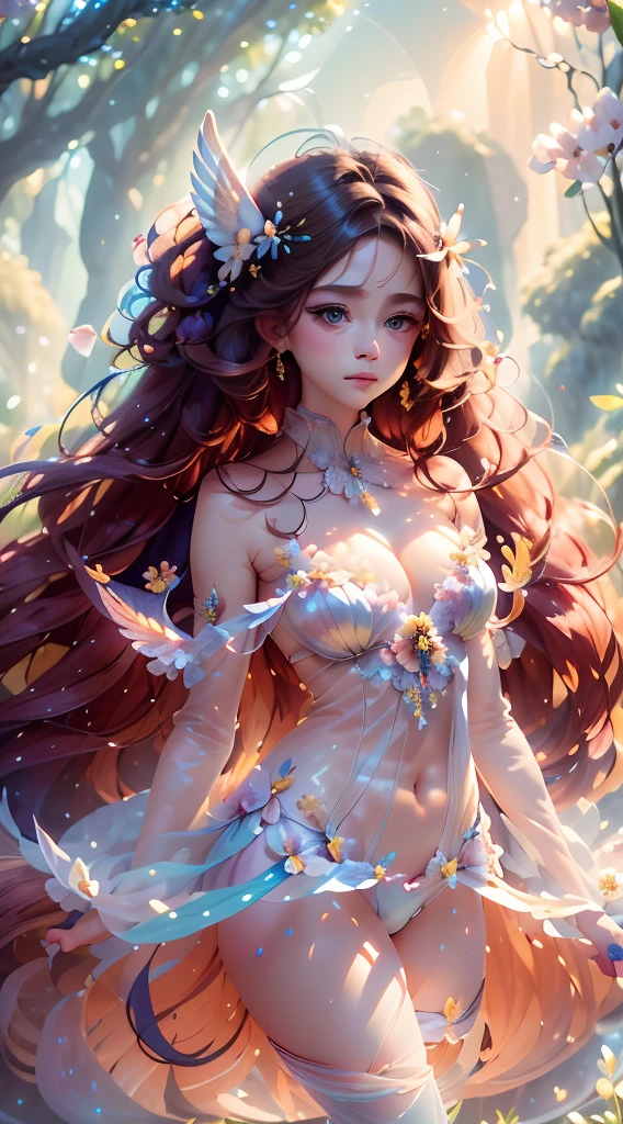 an artwork where the pretty girl's angel wings are composed of delicate blossoms and petals. She stands in a sun-dappled forest surrounded by flowers, with her hair cascading gracefully. The atmosphere is one of natural beauty and grace.幼い女の子