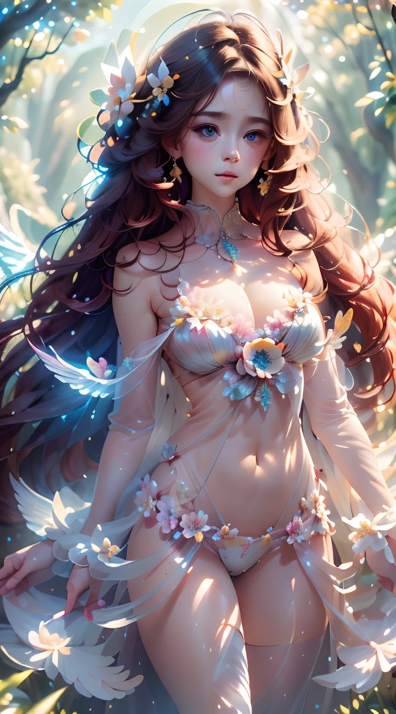 an artwork where the pretty girl's angel wings are composed of delicate blossoms and petals. She stands in a sun-dappled forest surrounded by flowers, with her hair cascading gracefully. The atmosphere is one of natural beauty and grace.幼い女の子