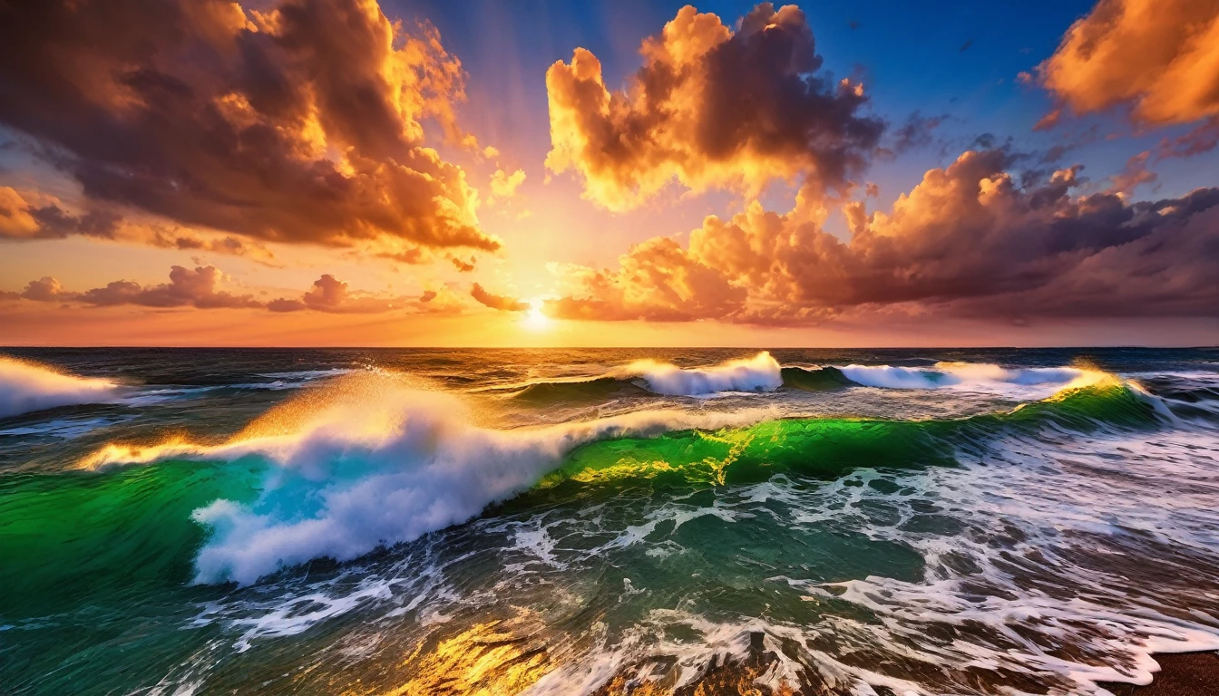 arafa view of a sunset over the ocean with waves crashing, chaotic sea scenery, vibrant sunrise, breathtaking colors, breathtaking look, vibrant sunset, breathtaking composition, beautiful seascapes, stunning sunset, Magnificent background, sunset glow, beautiful background, beautiful dreamy breathtaking, Marcos Adams, beautiful and hot scene, Epic sunset, Beautiful sunset, beautiful sunset glow, beautiful ocean