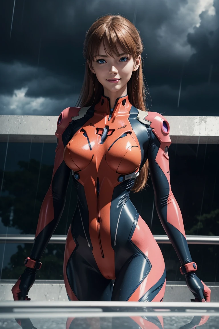 Evangelion,Asuka Langley,blue eyes,Plug Suit,Bodysuits,Interface Headset,赤いBodysuits,Ultra HD,super high quality,masterpiece,Digital SLR,Photorealistic,Detailed details,Vivid details,Depicted in detail,A detailed face,Detailed details,Super Detail,Realistic skin texture,Anatomical basis,Perfect Anatomy,Anatomically correct hand,Anatomically correct fingers,Complex 3D rendering,Sexy pose,Rainy Sky,Beautiful scenery,Fantastic rainy sky,Picturesque,Pink Lips,smile,