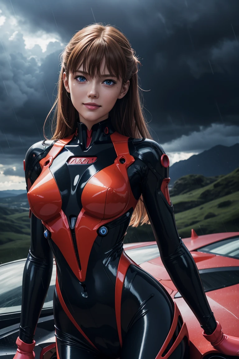 Evangelion,Asuka Langley,blue eyes,Plug Suit,Bodysuits,Interface Headset,赤いBodysuits,Ultra HD,super high quality,masterpiece,Digital SLR,Photorealistic,Detailed details,Vivid details,Depicted in detail,A detailed face,Detailed details,Super Detail,Realistic skin texture,Anatomical basis,Perfect Anatomy,Anatomically correct hand,Anatomically correct fingers,Complex 3D rendering,Sexy pose,Rainy Sky,Beautiful scenery,Fantastic rainy sky,Picturesque,Pink Lips,smile,