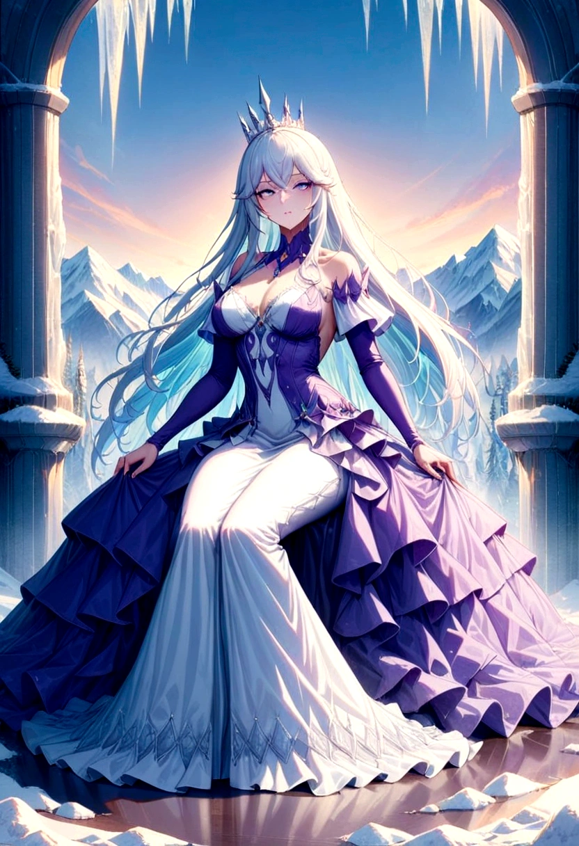 (composição perfeita, high detailed, high detailed face, 8k resolution, fabulous fancy purple long queen dress, detailed cloth) long dress, mature woman, adult, beautiful face, white long hair, closed dress, extensious dress, heels, sitted in a ice fabulous curvly throne, snow forest mountain background, dark fantasy style, digital illustration, goddess aura, beauty aspects, gentile expressions, detailed face, very detailed, imponent prescence, light holofot, high quality shadows, sunrise light