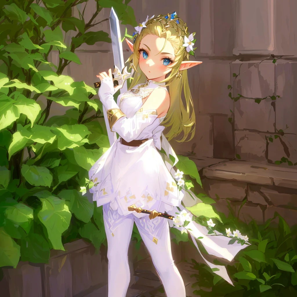 hair slicked back, masterpiece:1.2, best quality, there is a woman in a white dress holding a sword, elf princess, alluring elf princess knight, elf princess knight, elf girl, (((mad))) elf princess, ragnarok online, elf girl wearing an flower suit, lalafell, she has elf ears and gold eyes, elven princess, an elf queen, glossy white armor, pixie character