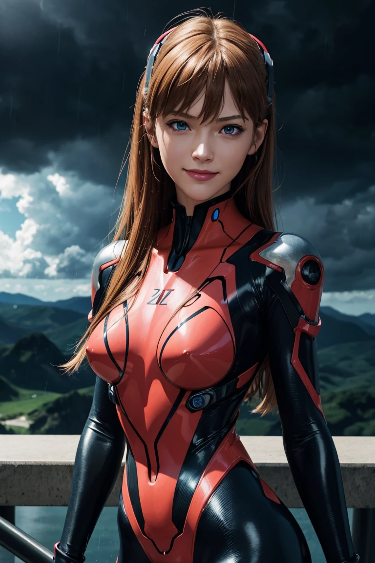 Evangelion,Asuka Langley,blue eyes,Plug Suit,Bodysuits,Interface Headset,赤いBodysuits,Ultra HD,super high quality,masterpiece,Digital SLR,Photorealistic,Detailed details,Vivid details,Depicted in detail,A detailed face,Detailed details,Super Detail,Realistic skin texture,Anatomical basis,Perfect Anatomy,Anatomically correct hand,Anatomically correct fingers,Complex 3D rendering,Sexy pose,Rainy Sky,Beautiful scenery,Fantastic rainy sky,Picturesque,Pink Lips,smile,