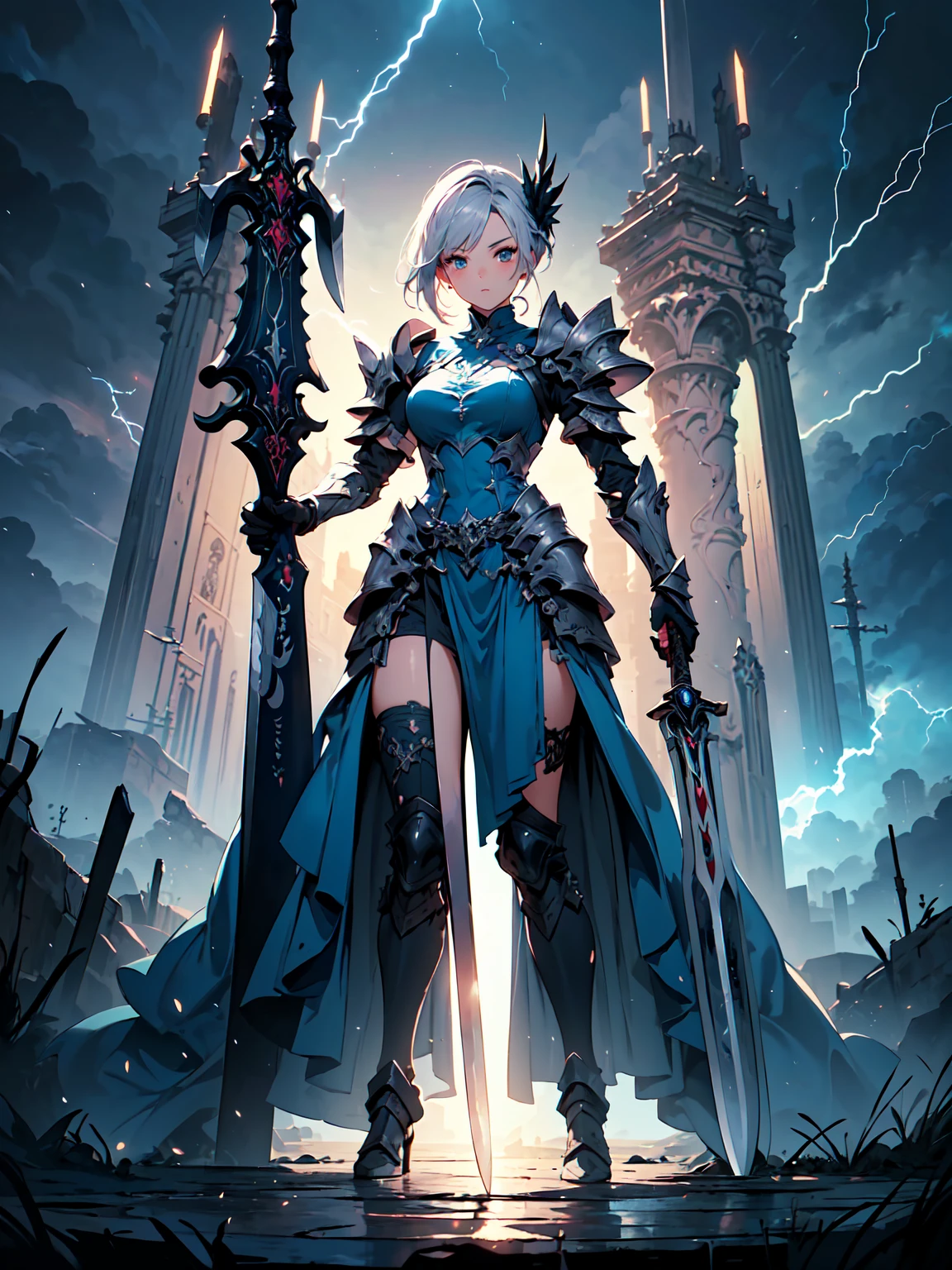 (((masterpiece, best quality, high detailed, 8k))) Design a layout showcase Gaming character, (1girl). Silver|Blue clothes, stylish and unique. ((showcase weapon:1.4)), lightning rod. (masterpiece:1.2), (best quality), 4k, ultra-detailed. (Step by step design, layout art:1.5), (luminous lighting, atmospheric lighting). storm mage, ((glove full hands)), (((revealing clothes:1.3))), vambraces, armored legwear, (((full_body_shot:1.4))). {During a thunderstorm}.