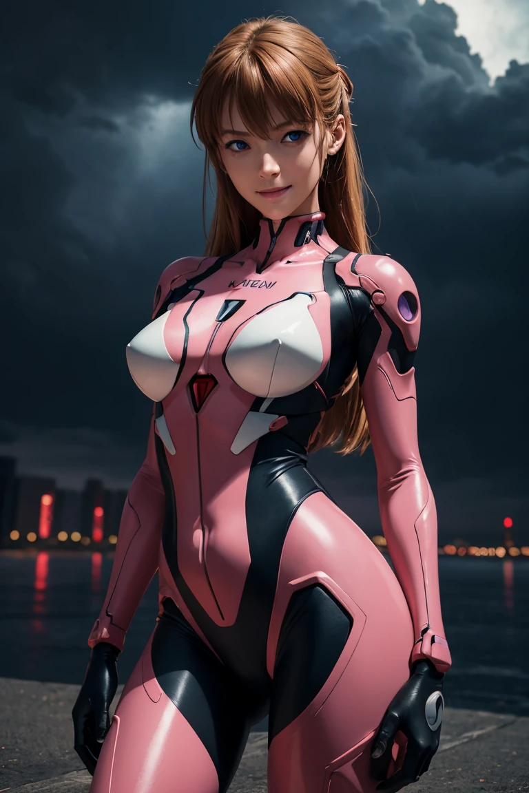 Evangelion,Asuka Langley,blue eyes,Plug Suit,Bodysuits,Interface Headset,赤いBodysuits,Ultra HD,super high quality,masterpiece,Digital SLR,Photorealistic,Detailed details,Vivid details,Depicted in detail,A detailed face,Detailed details,Super Detail,Realistic skin texture,Anatomical basis,Perfect Anatomy,Anatomically correct hand,Anatomically correct fingers,Complex 3D rendering,Sexy pose,Rainy Sky,Beautiful scenery,Fantastic rainy sky,Picturesque,Pink Lips,smile,