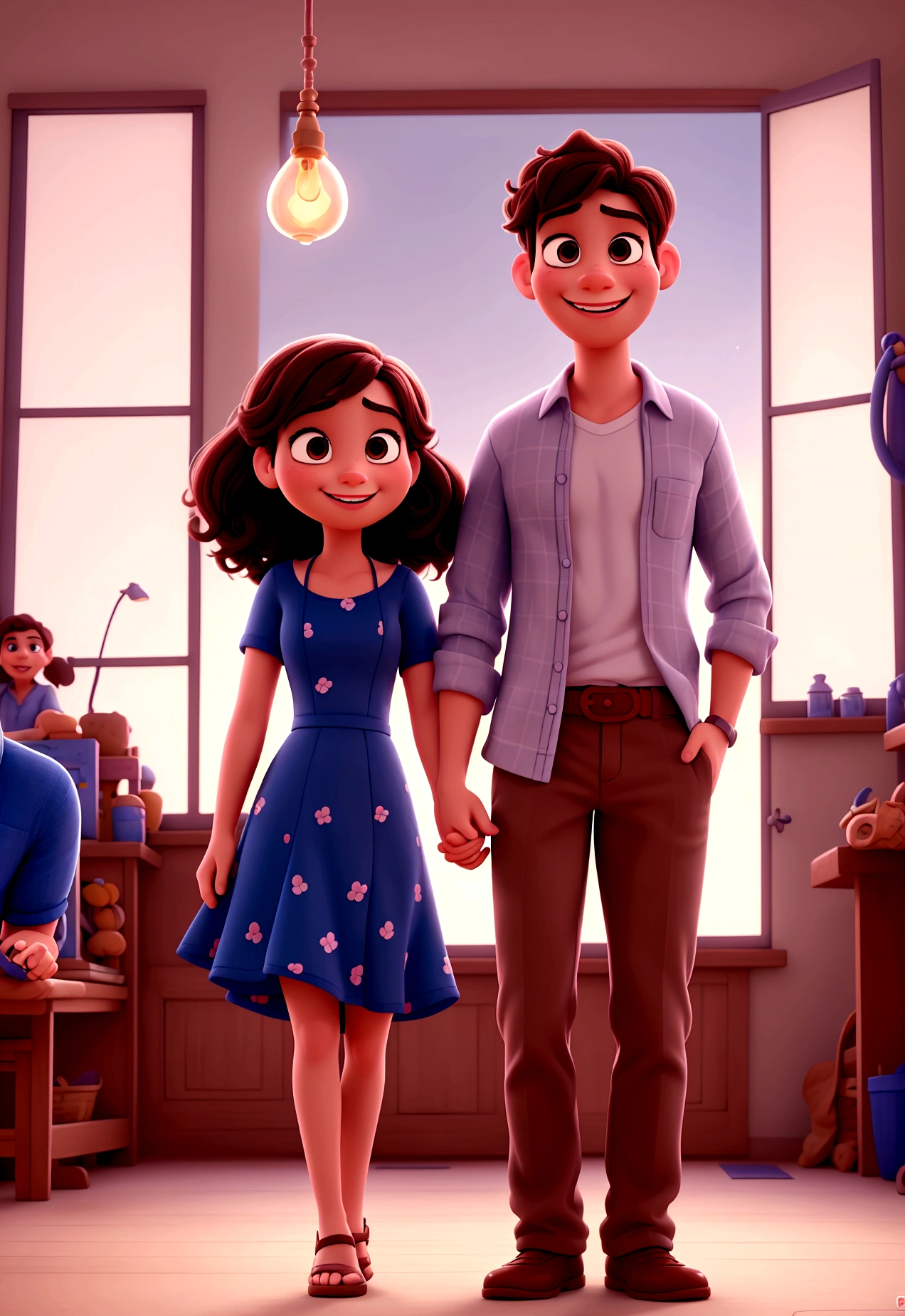 Um filme inspirado na Disney Pixar (Parent family, mami, filho, filha e filha) dentro A cena estar na arte distinta do estilo PIXAR, descolada e estilosa