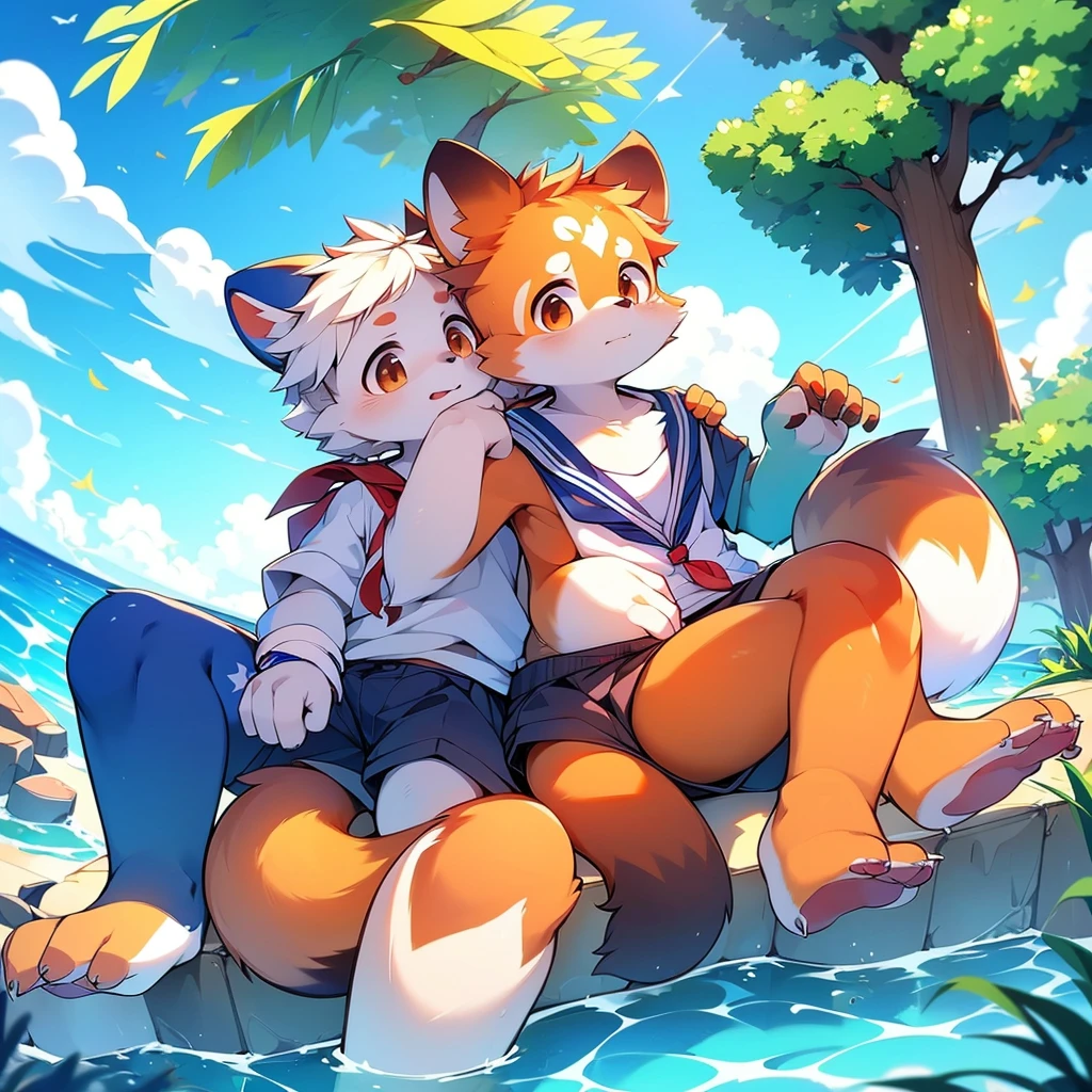 4K quality,High resolution, Female Red Panda, Ocean, Appeared wearing a sailor uniform! Sitting,fly in the sky,Two legs,