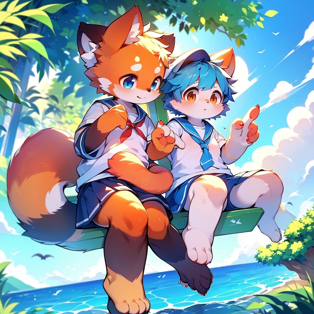4K quality,High resolution, Female Red Panda, Ocean, Appeared wearing a sailor uniform! Sitting,fly in the sky,Two legs,