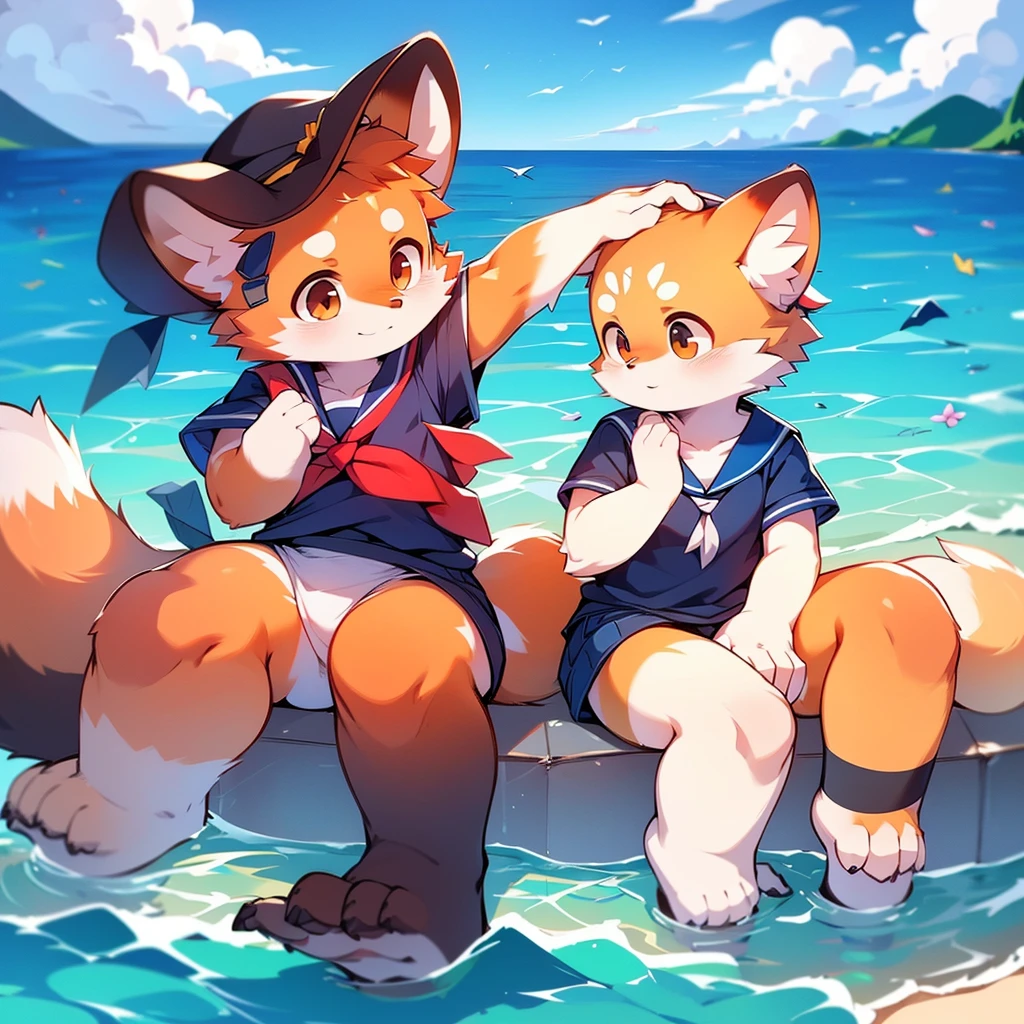 4K quality，High resolution， Female Red Panda, Ocean, Appeared wearing a sailor uniform!  Sitting,fly in the sky，Two legs，