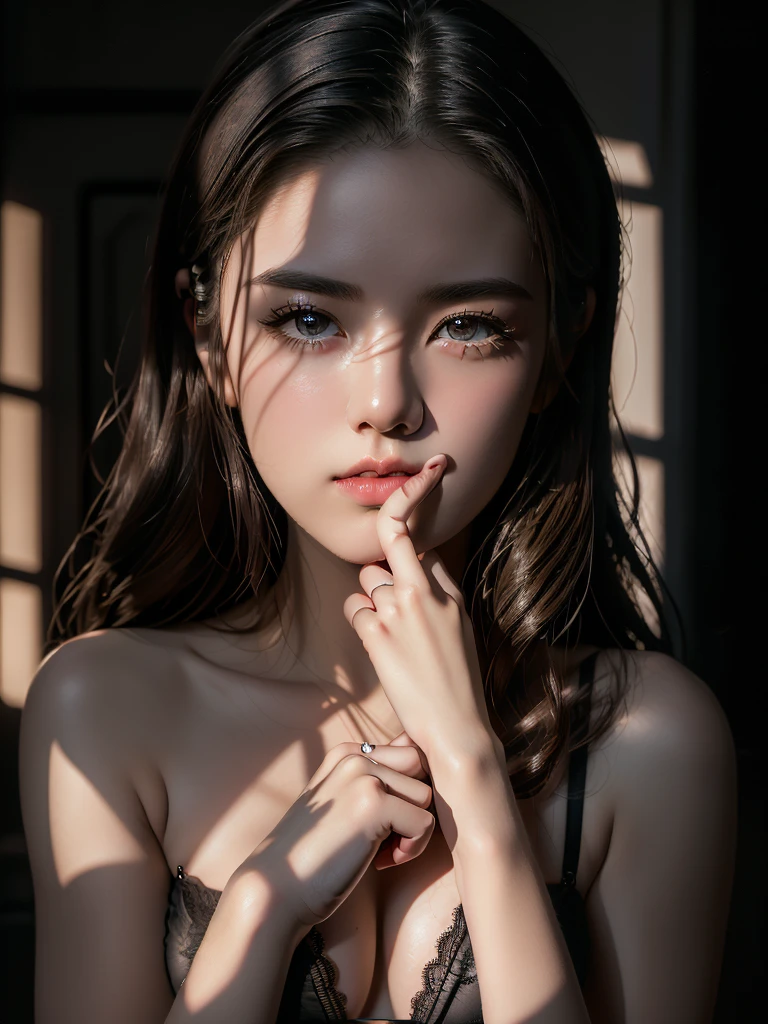 Highest quality, masterpiece, Ultra-high resolution, (Realistic:1.5), RAW Photos, 1 Girl, ((( In the Dark, Deep Shadow))), secret key, Cold Light,Dimly lit room、 ((Sexy Looks)), Small breasts、Black lace bra、(((Place your right hand on your mouth 1.5)))