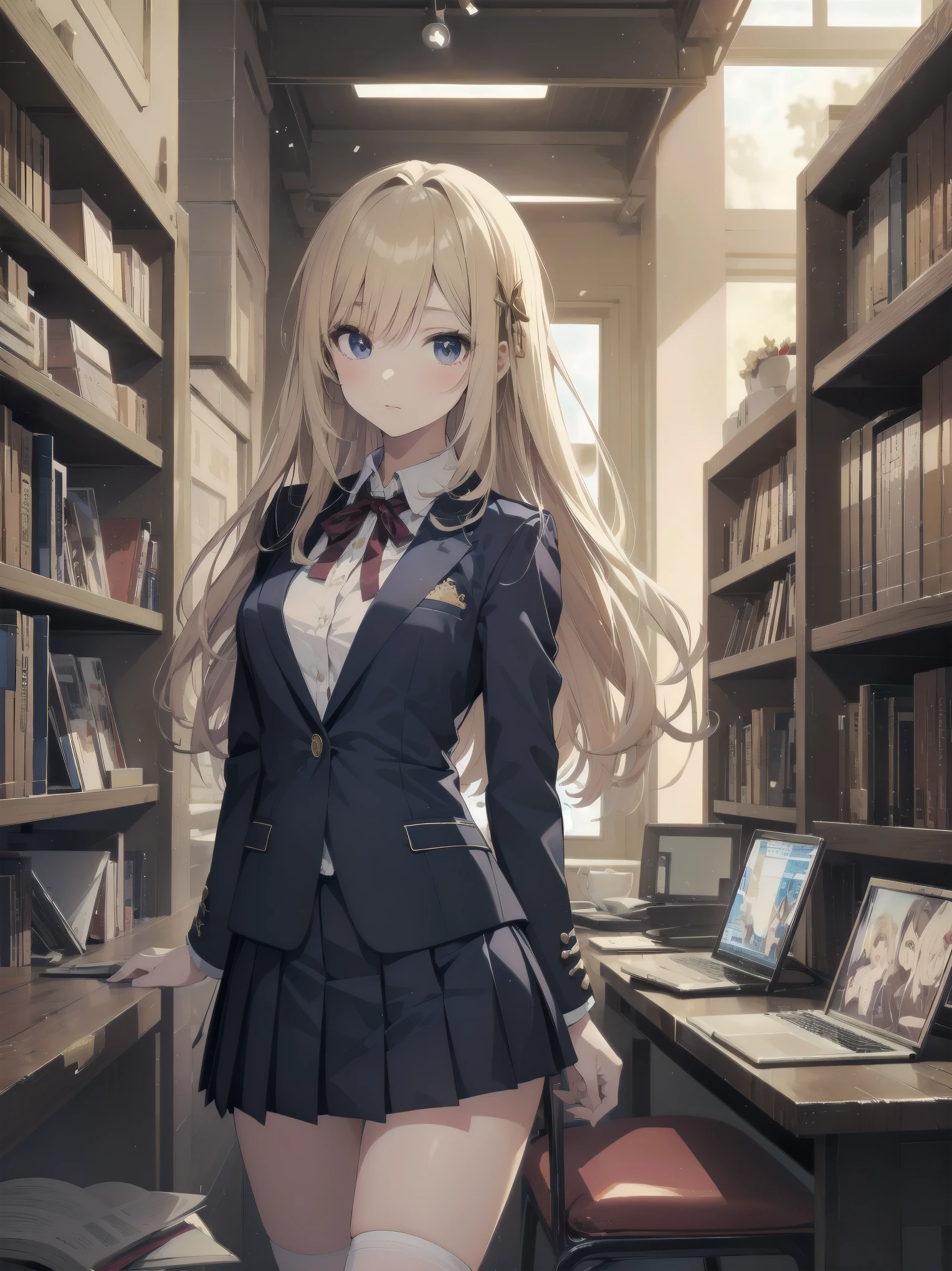 2. ```
(Masterpiece: 1.2), (Best quality: 1.2), Superb resolution, Very detailed. BREAK. ((Anime girl in stylish school uniform)), clear girl, (1, Elegant, : 1.3), gentle expression, graceful posture, long straight black hair, almond-shaped eyes, slim figure, (Top quality: 1.2), very high resolution, very detailed. Expressive eyes, beautifully detailed lips, high resolution detailed hair, perfect face, flawless skin, elegant fingers, perfect lighting. BREAK. ((Chic blazer uniform with gold embroidery)), ((Cream blazer, burgundy ribbon, pleated navy skirt: 1.3)), white knee socks, loafers. BREAK. (School library), bookshelves, study tables, globe, warm lighting, (cowboy shot framing: 1.2). BREAK. ((Positive: 1.3)). BREAK. Digital animation art, elegant anime style illustration