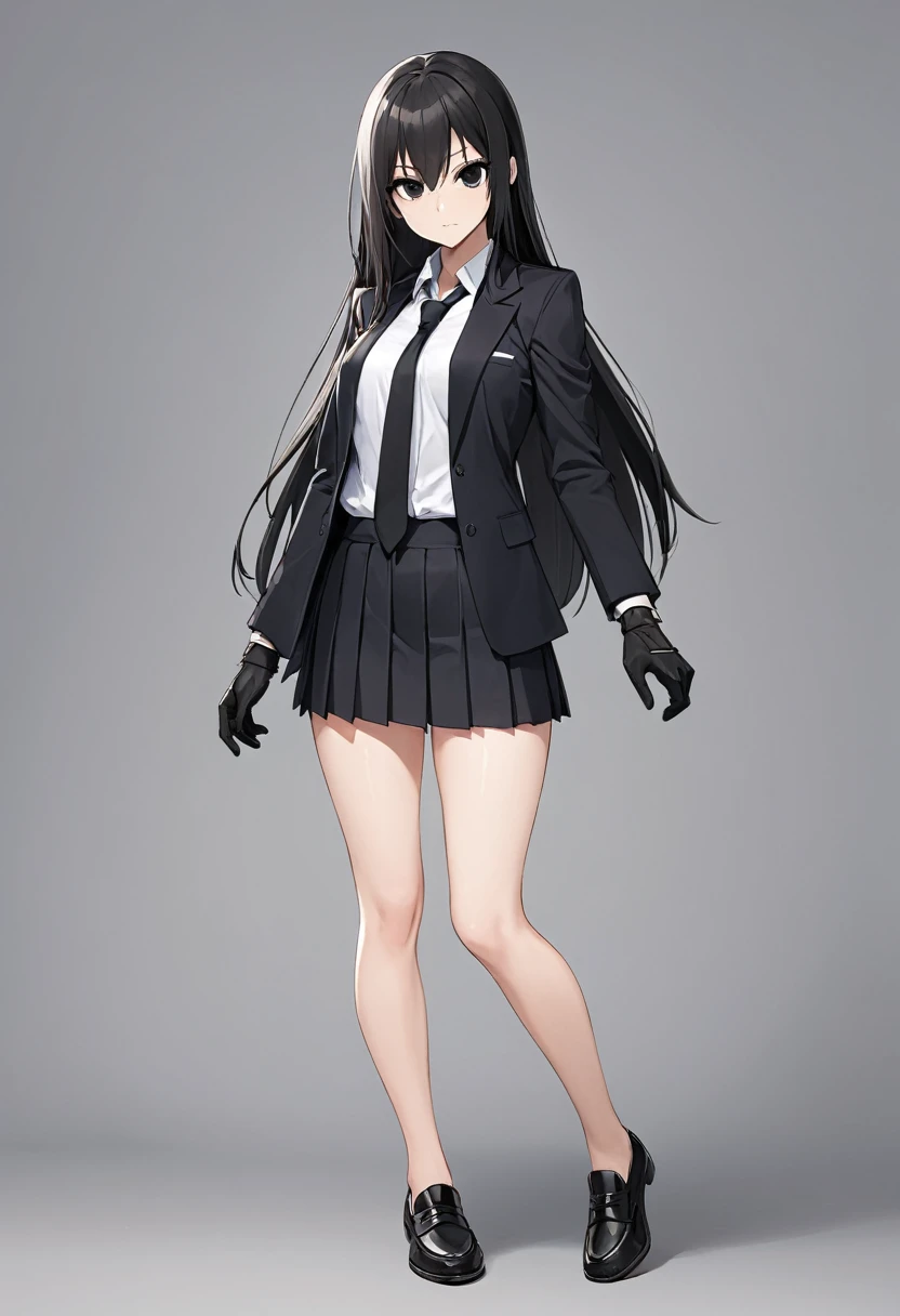 Black miniskirt ,shoes, dress shirt , pleated skirt , black long tie , assassin , whole body ,business attire , Black gloves , shorts blazer , bare legs , straight hair , black eyes , shot , thighs , whole body , I'm kneeling , View from above